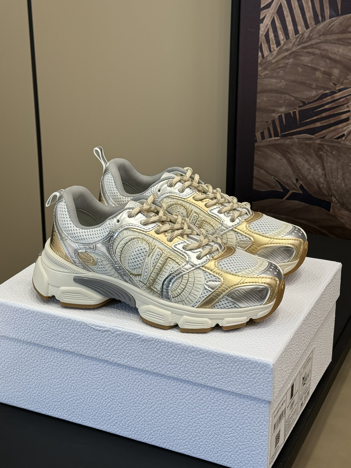 Bagsaaa D10r Chrono Sneaker Beige Mesh with Gold-Tone and Silver-Tone Laminated Leather-Effect Panels