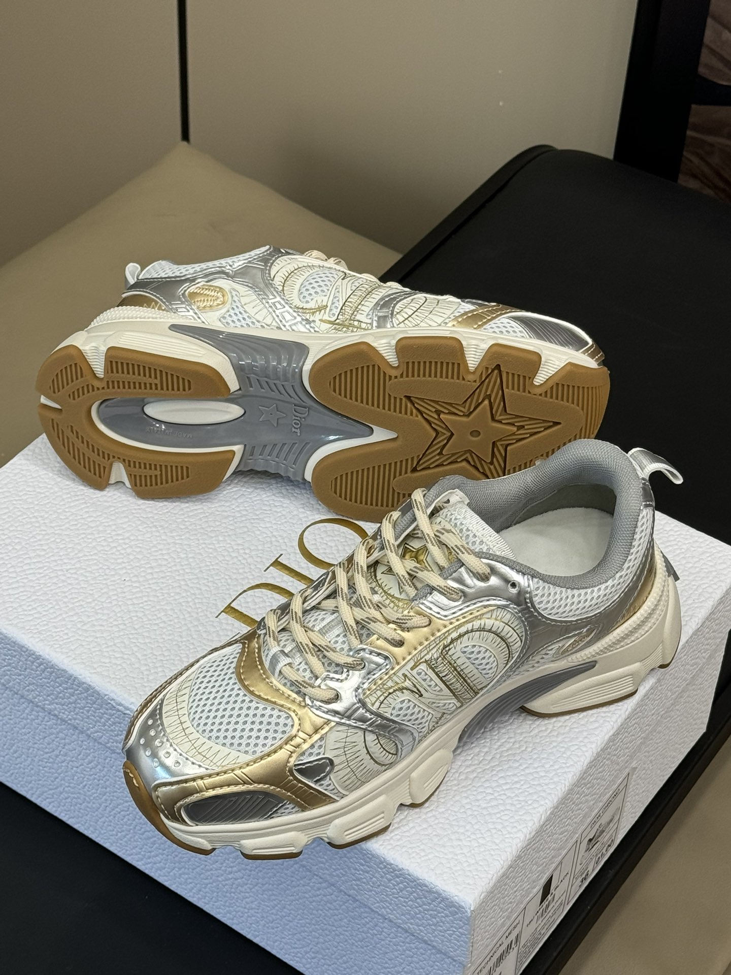 Bagsaaa D10r Chrono Sneaker Beige Mesh with Gold-Tone and Silver-Tone Laminated Leather-Effect Panels
