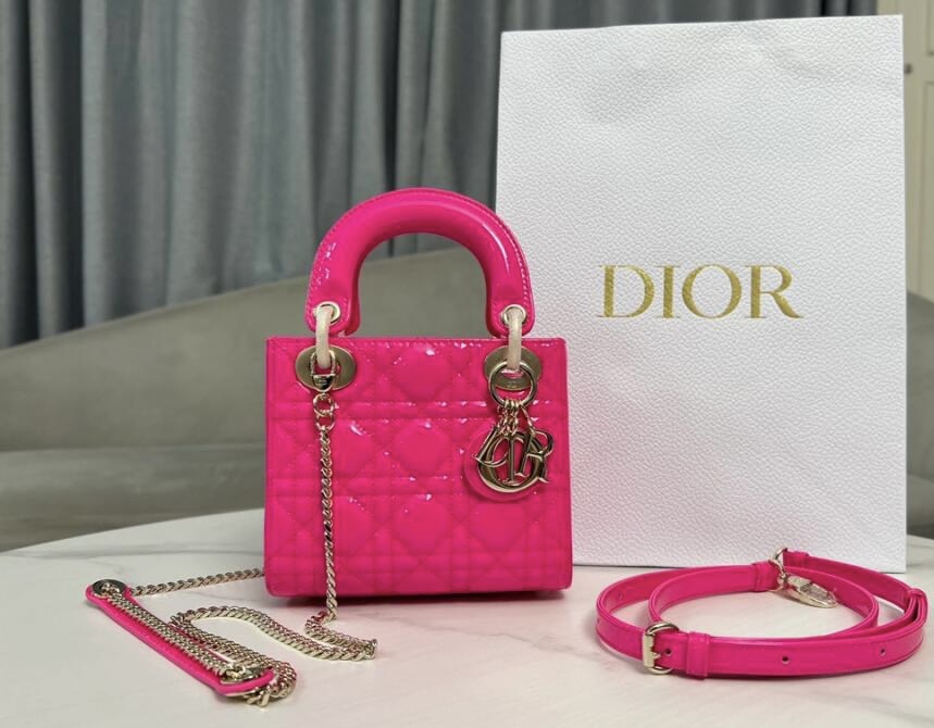 Bagsaaa D10r Small Lady Hot Pink Patent & Gold Hardware - 20×17×8cm