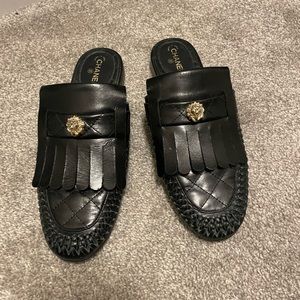 Bagsaaa Ch**el Black Braided Leather Lion Fringe Flat Mules