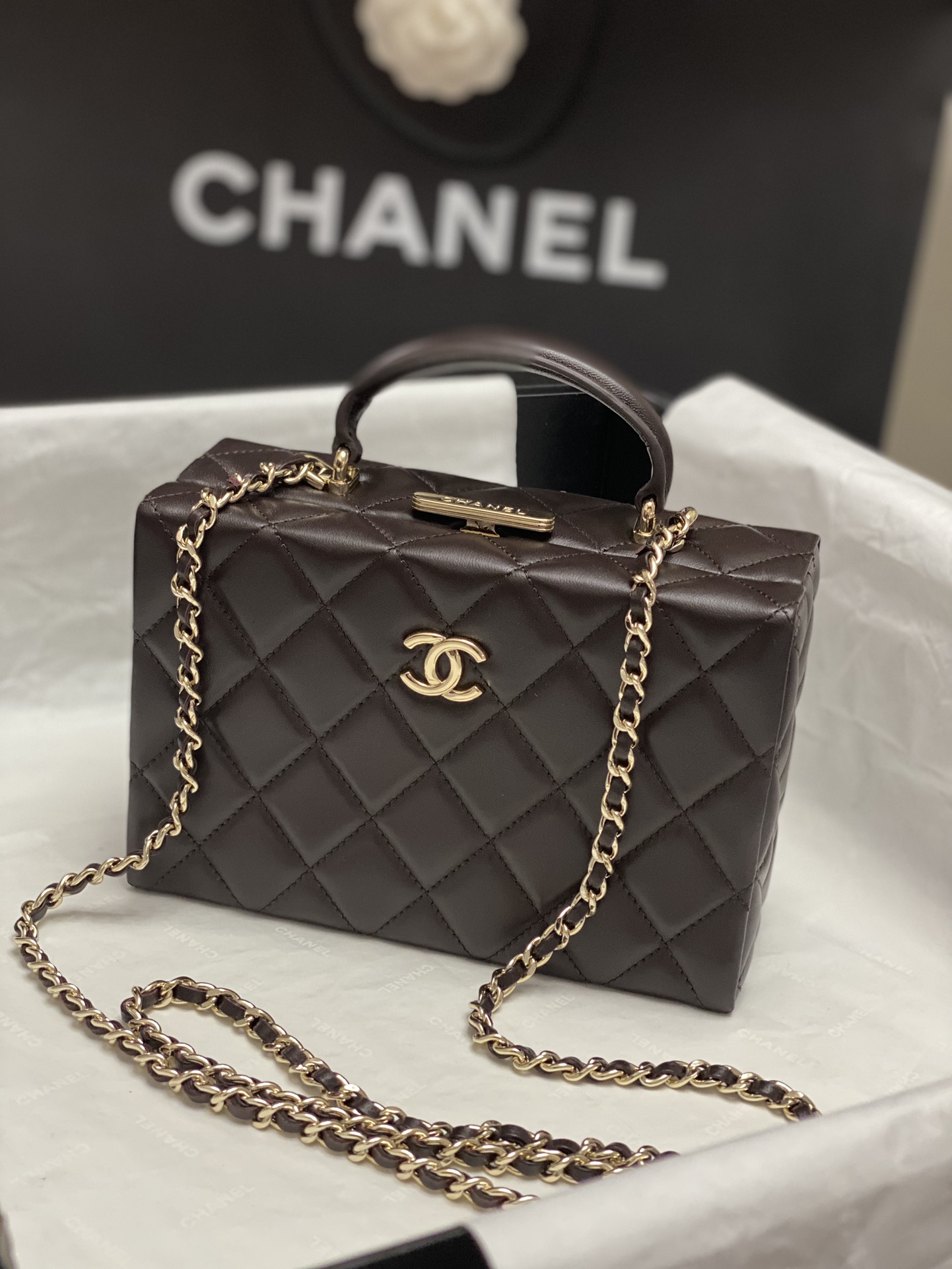 Bagsaaa Ch**el Small Box Bag AS5167 Dark Brown - 12.5 × 18 × 6.5 cm