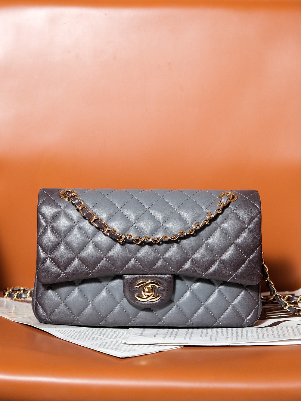 Bagsaaa Ch**el Flap Bag Classic 11.12 Gradient Lambskin Gray A01112 - 15.5 × 25.5 × 6.5 cm