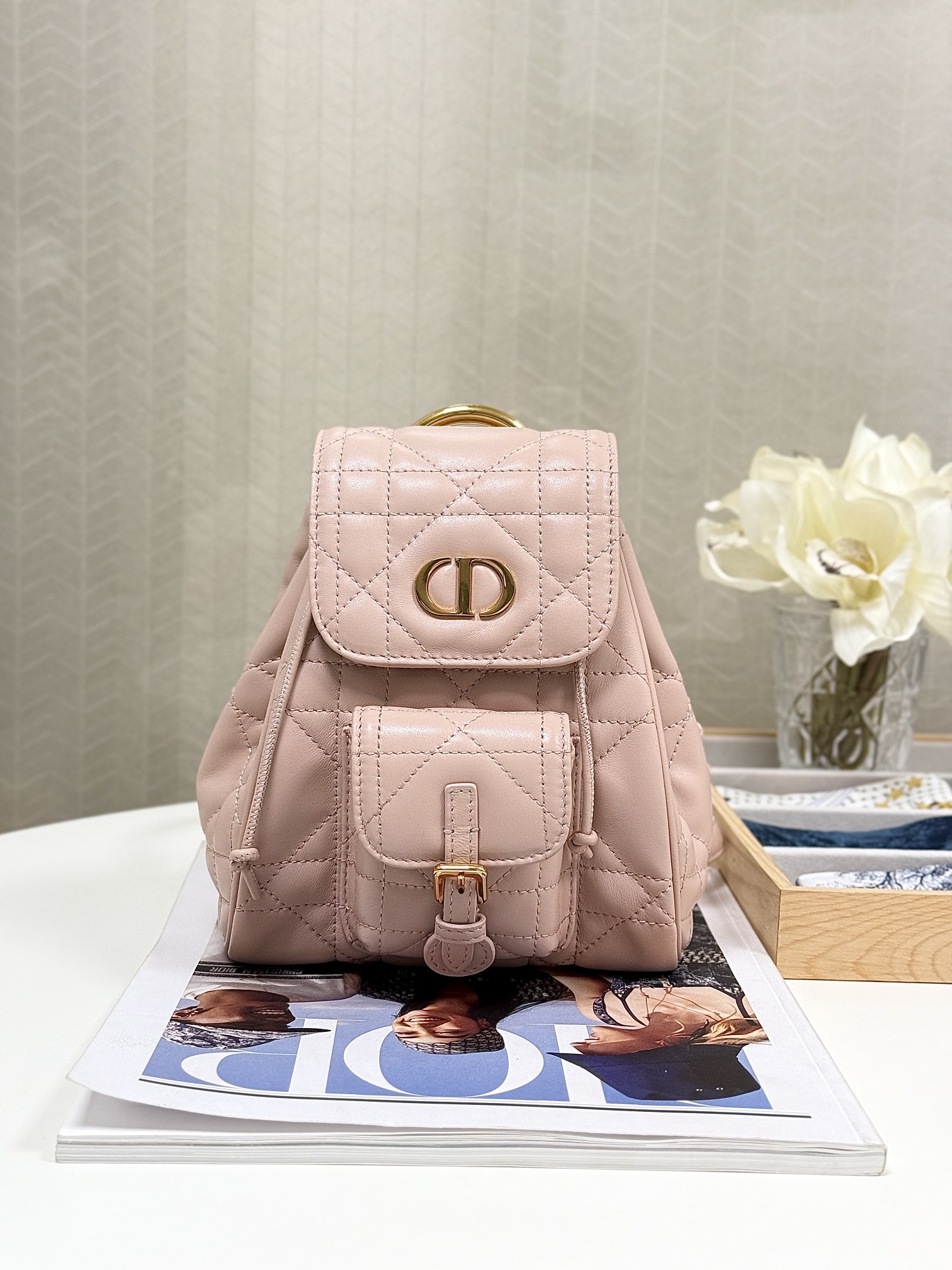 Bagsaaa Small D10r Caro Backpack Powder Pink Macrocannage Lambskin - 19.5 x 18.5 x 8.5 cm