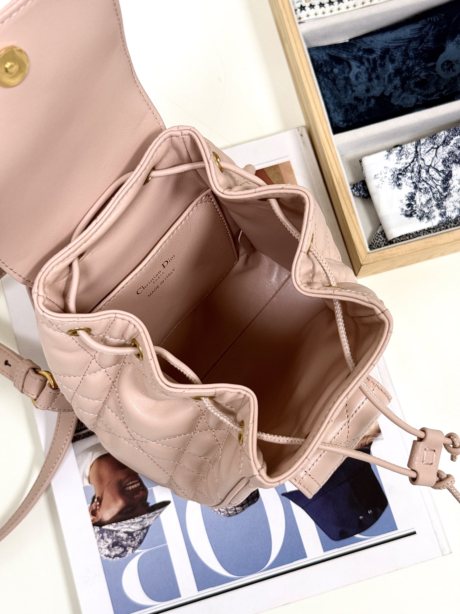 Bagsaaa Small D10r Caro Backpack Powder Pink Macrocannage Lambskin - 19.5 x 18.5 x 8.5 cm