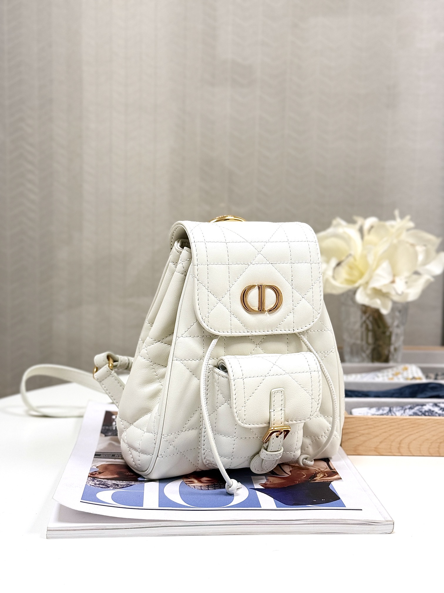 Bagsaaa Small D10r Caro Backpack Latte Macrocannage Lambskin - 19.5 x 18.5 x 8.5 cm