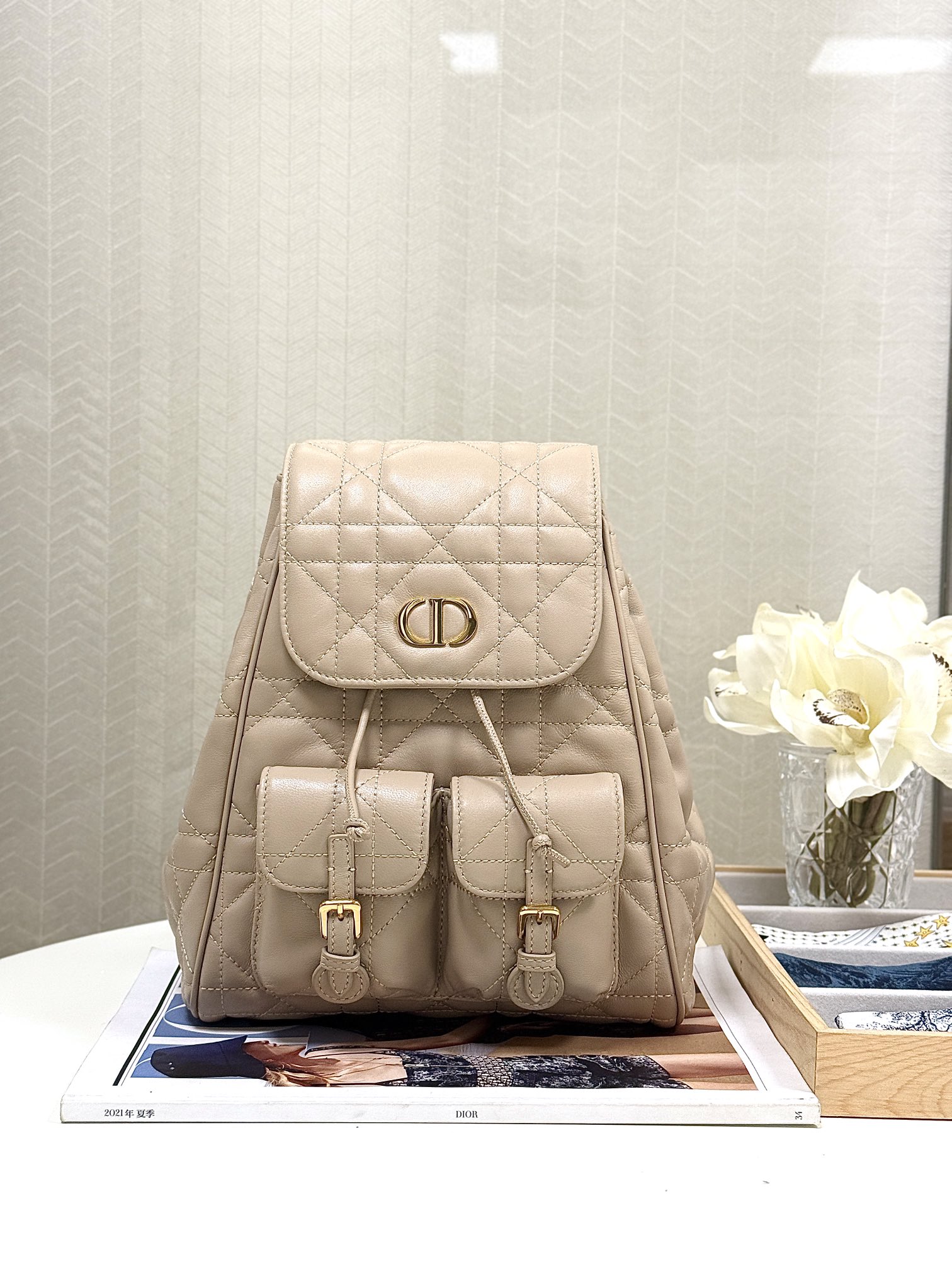 Bagsaaa Medium D10r Caro Backpack Powder Beige Macrocannage Lambskin - 23 x 26.7 x 12.5 cm