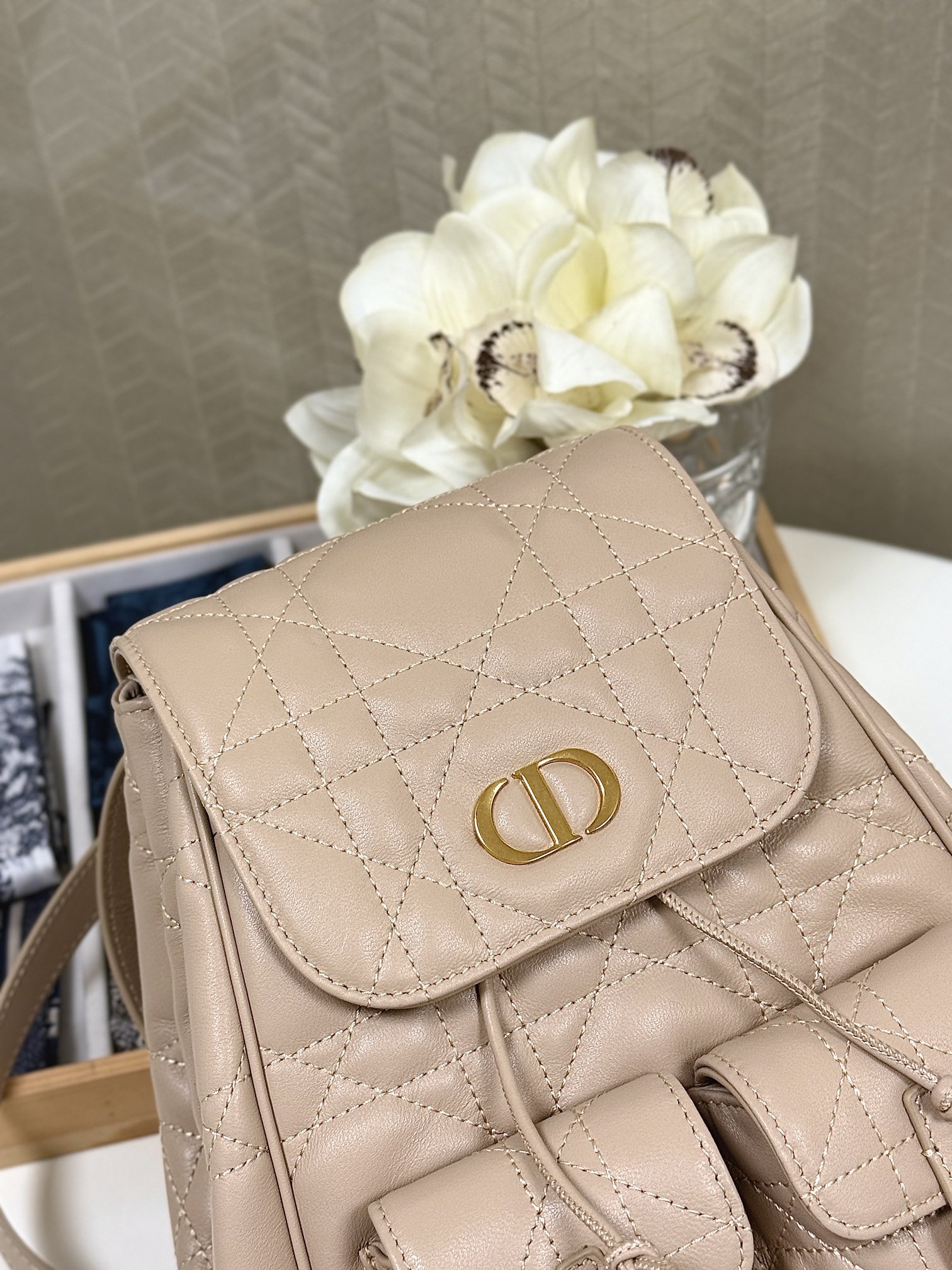 Bagsaaa Medium D10r Caro Backpack Powder Beige Macrocannage Lambskin - 23 x 26.7 x 12.5 cm