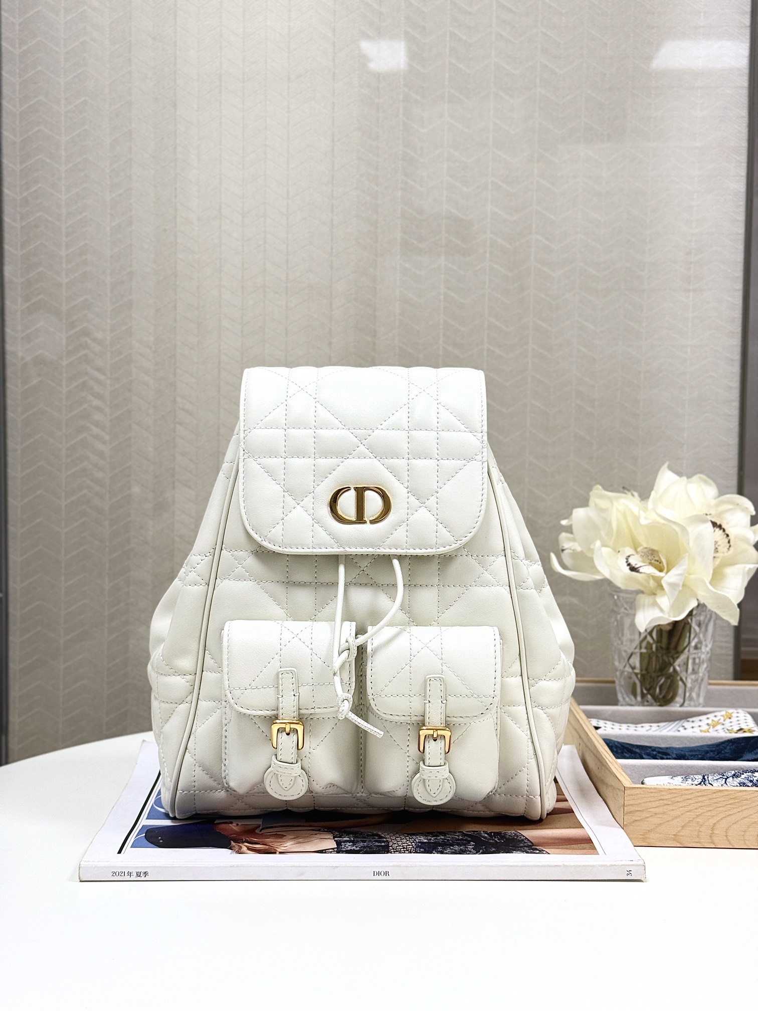 Bagsaaa Medium D10r Caro Backpack Latte Macrocannage Lambskin - 23 x 26.7 x 12.5 cm