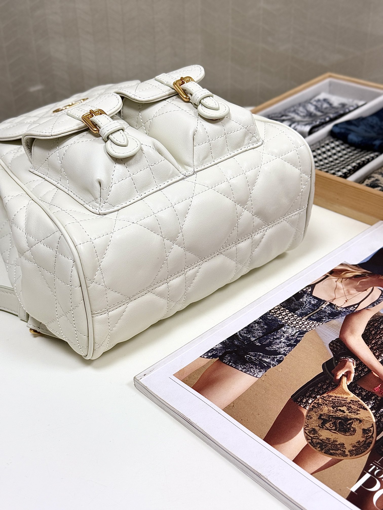Bagsaaa Medium D10r Caro Backpack Latte Macrocannage Lambskin - 23 x 26.7 x 12.5 cm