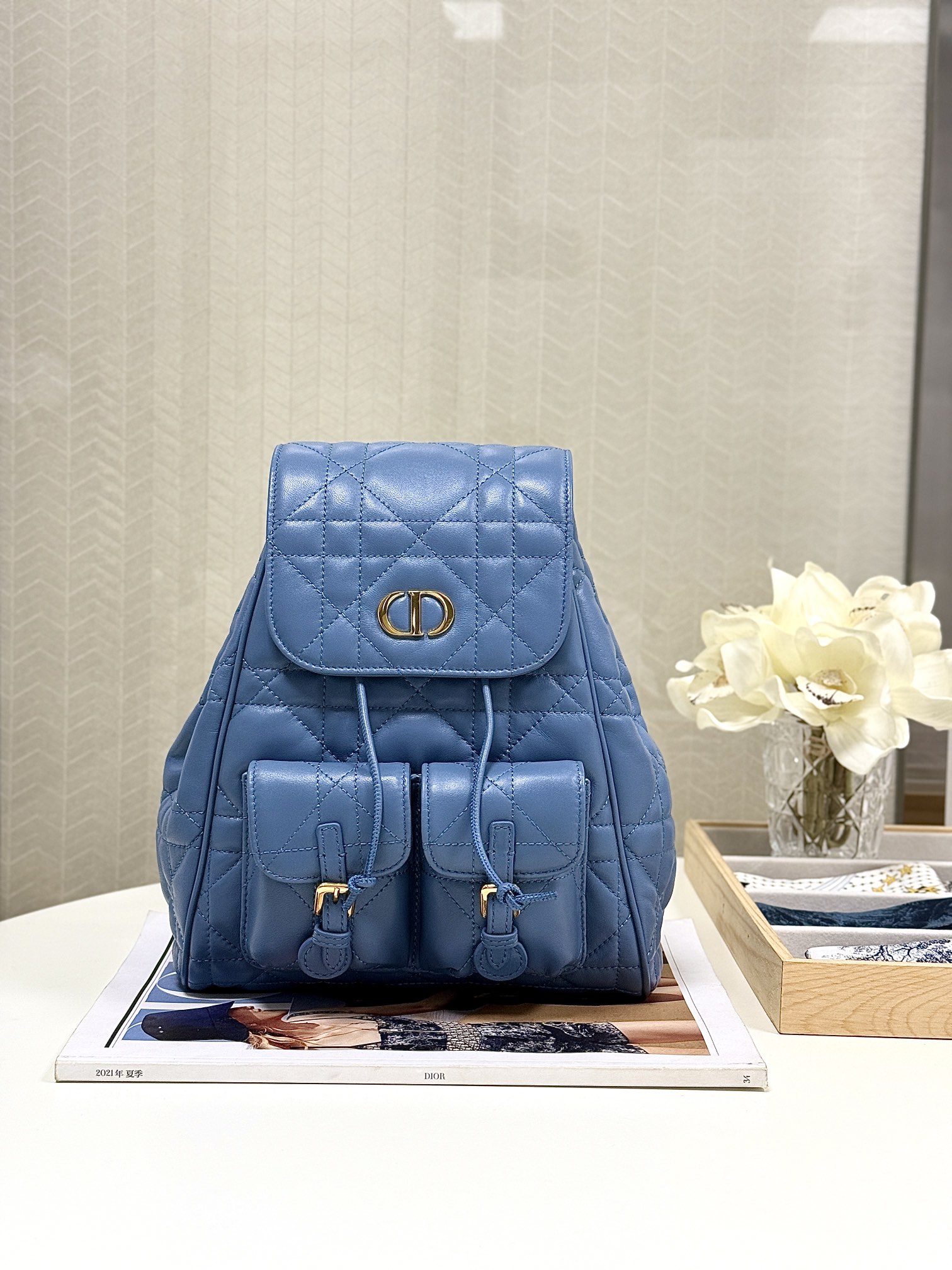 Bagsaaa Medium D10r Caro Backpack Blue Macrocannage Lambskin - 23 x 26.7 x 12.5 cm