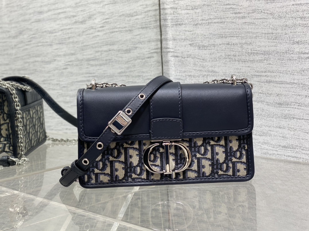 Bagsaaa D10r 30 Montaigne East-West Bag with Chain Blue D10r Oblique Jacquard and Smooth Calfskin - 21 x 12 x 6 cm
