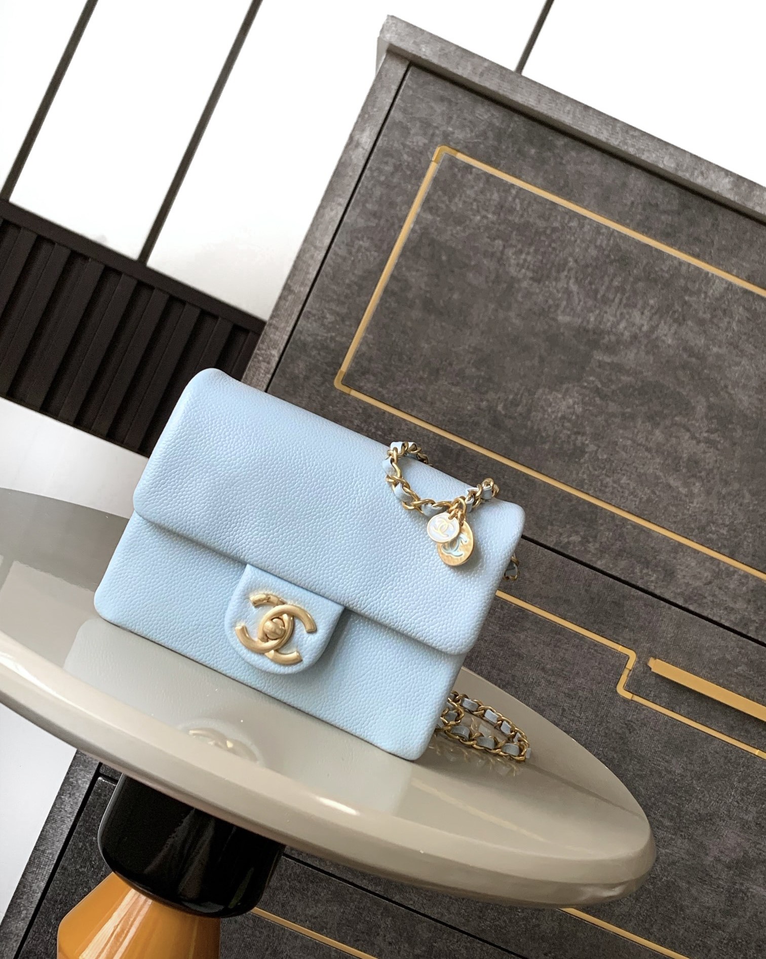 Bagsaaa Ch**el AS5218 Mini Flap Bag Grained Light Blue - 13 × 17.5 × 6 cm