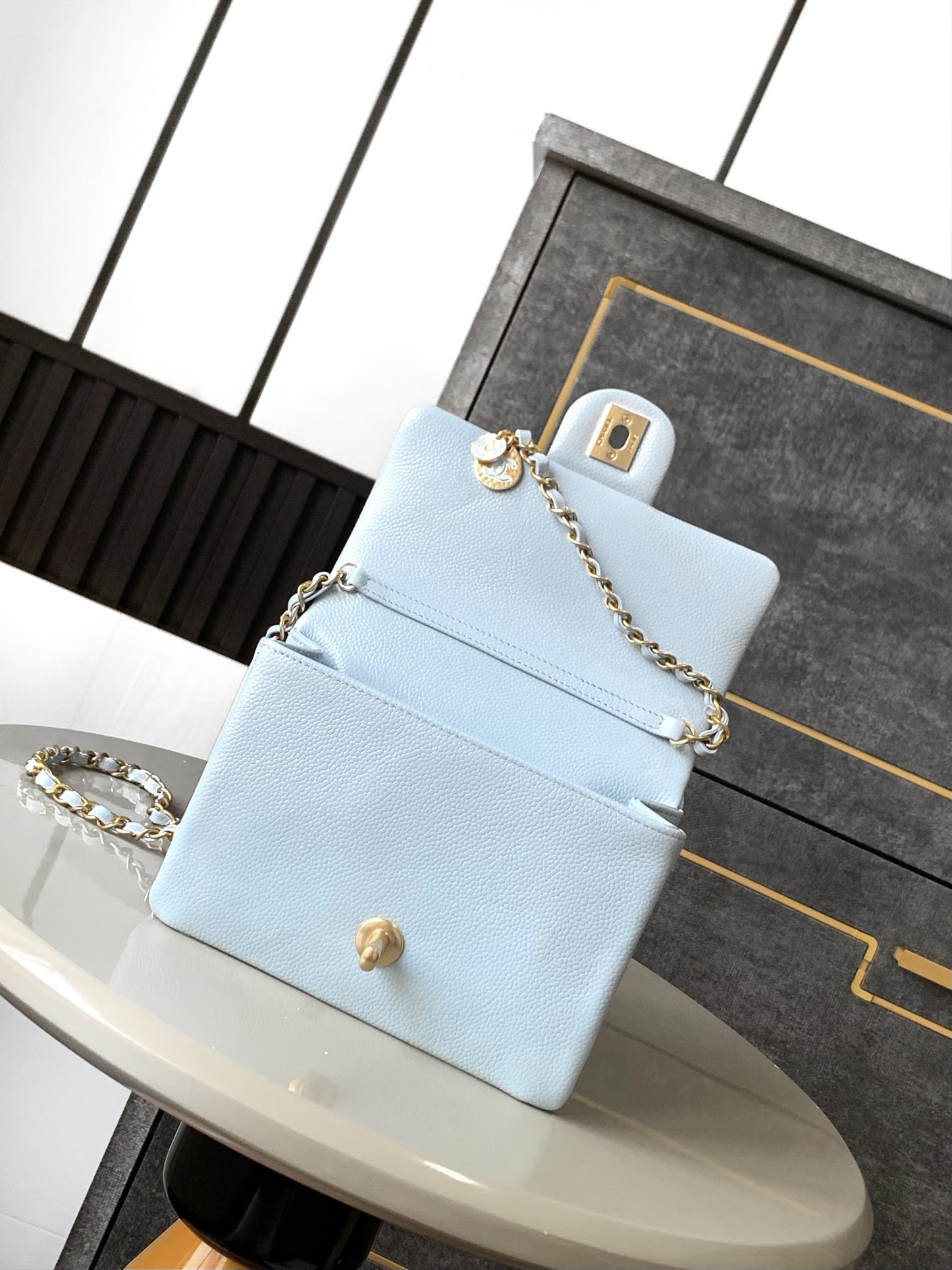 Bagsaaa Ch**el AS5218 Mini Flap Bag Grained Light Blue - 13 × 17.5 × 6 cm