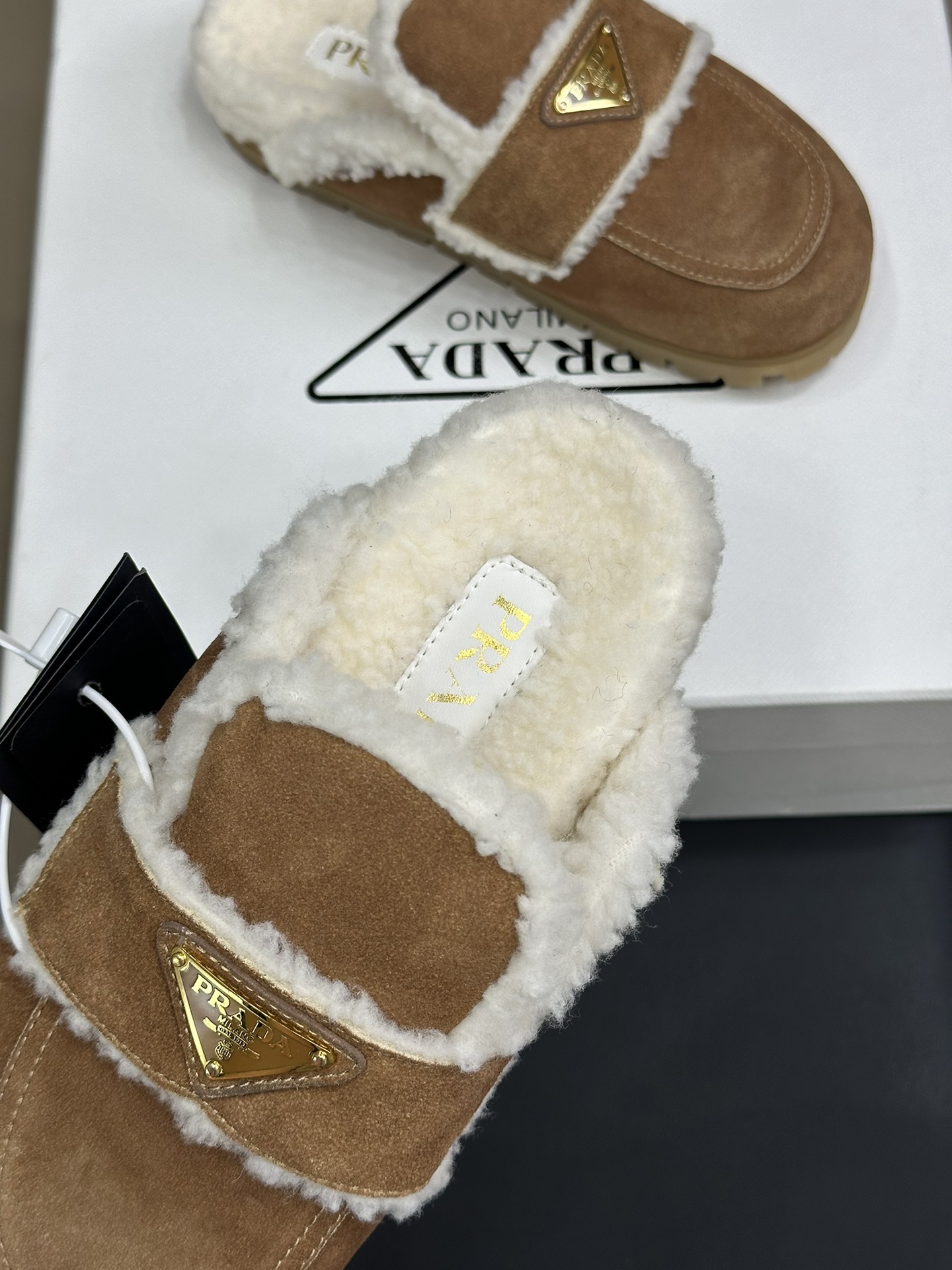 Bagsaaa Pra*a Suede and shearling slippers brown