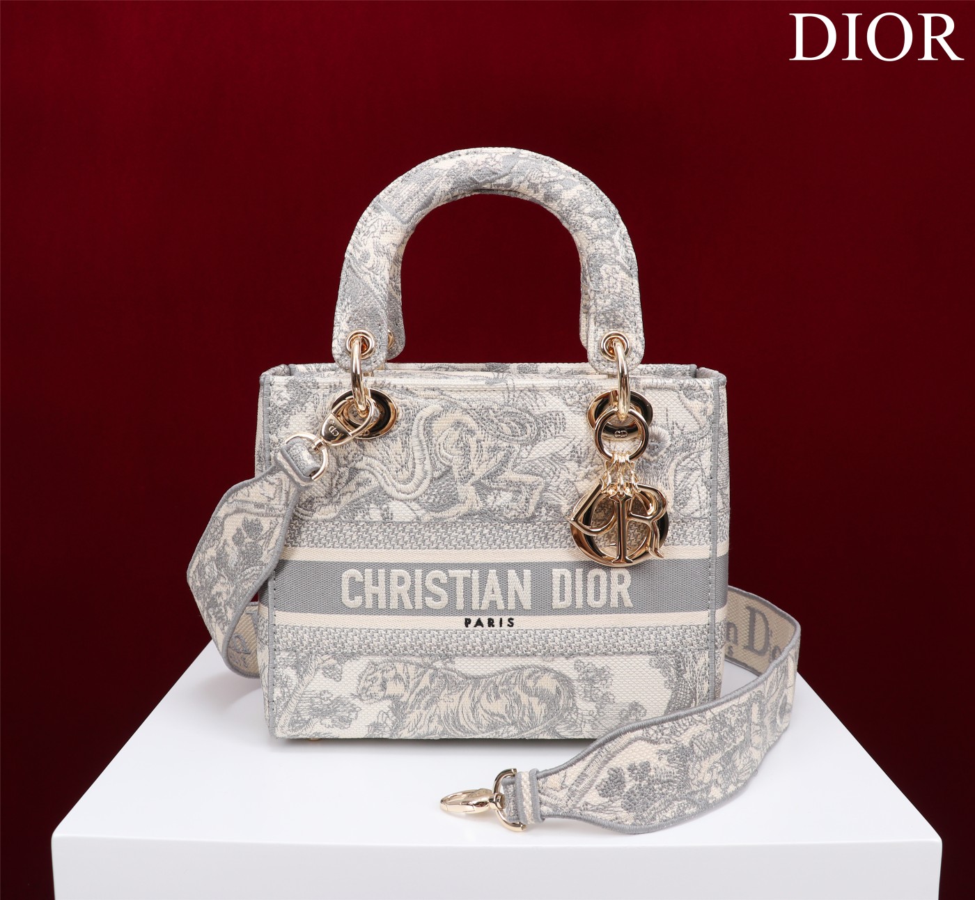 Bagsaaa D10r Medium D10riviera Lady D-Lite Bag Gray Toile de Jouy Embroidery - 24 x 21 x 12 cm
