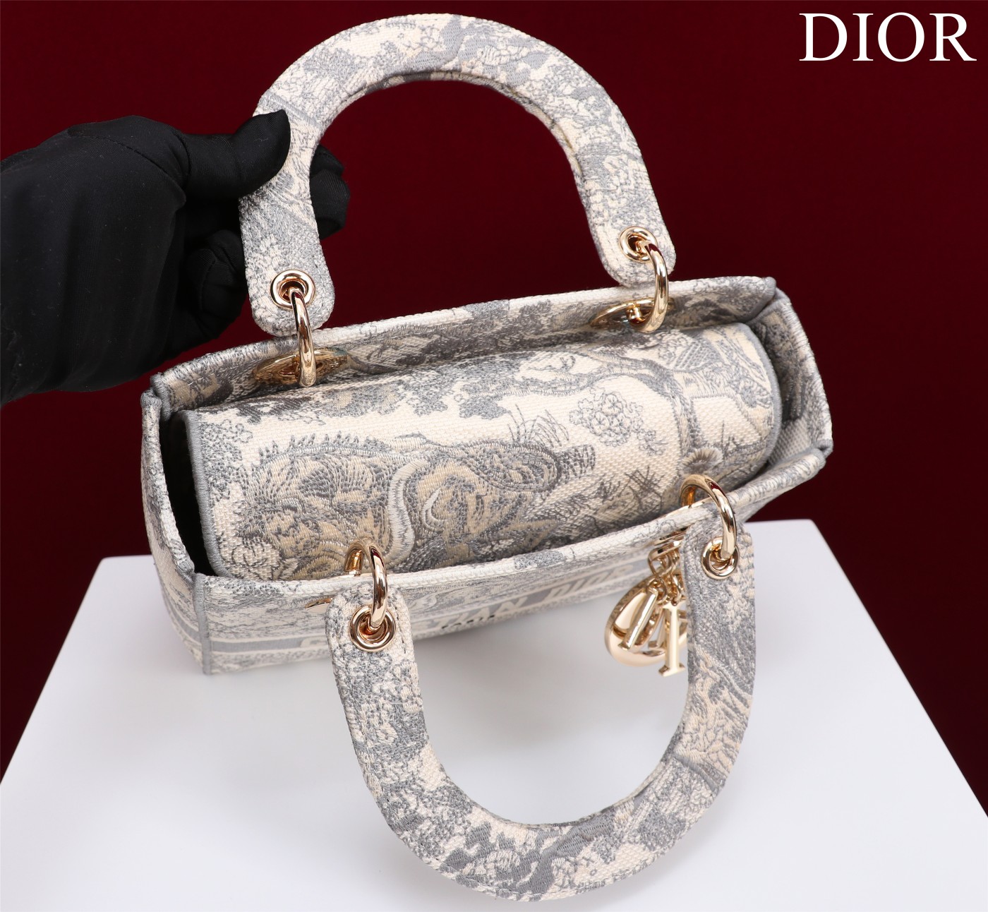 Bagsaaa D10r Medium D10riviera Lady D-Lite Bag Gray Toile de Jouy Embroidery - 24 x 21 x 12 cm