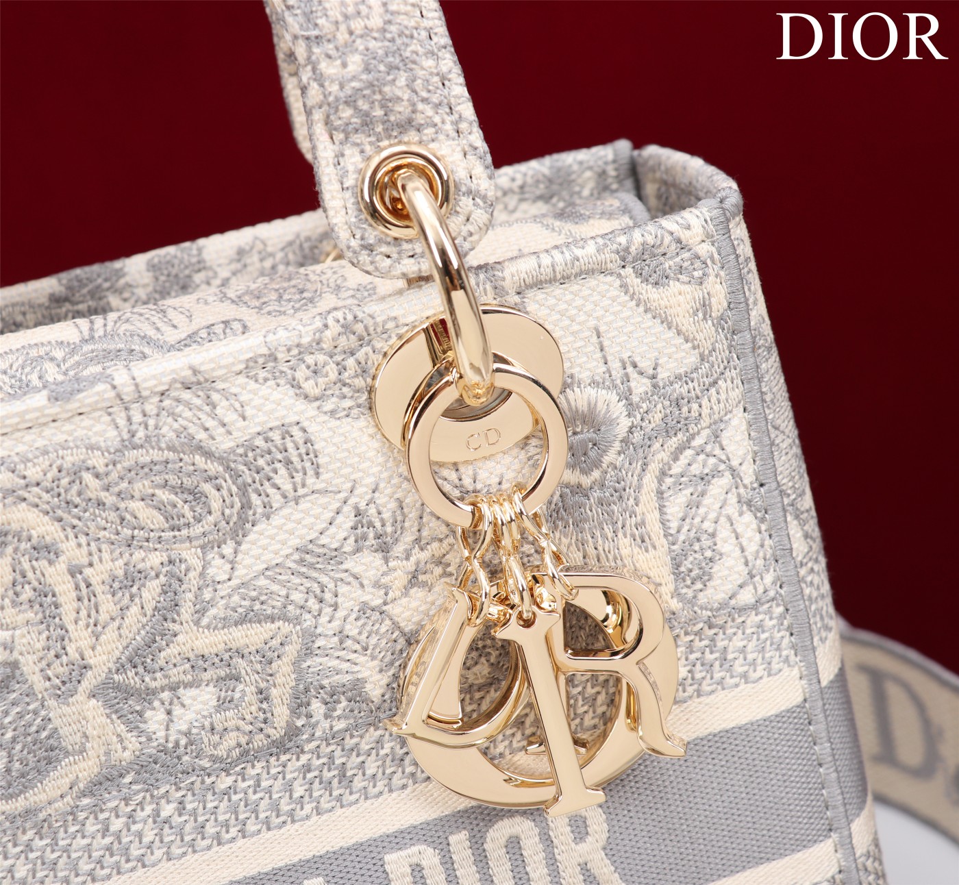 Bagsaaa D10r Medium D10riviera Lady D-Lite Bag Gray Toile de Jouy Embroidery - 24 x 21 x 12 cm