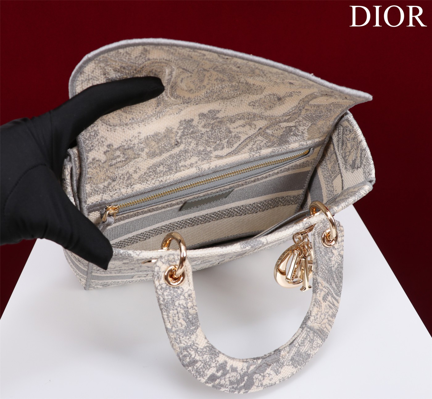 Bagsaaa D10r Medium D10riviera Lady D-Lite Bag Gray Toile de Jouy Embroidery - 24 x 21 x 12 cm