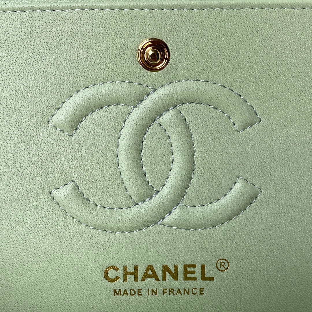 Bagsaaa Ch**el Flap Bag Light Green Lambskin & Gold Hardware - 23cm