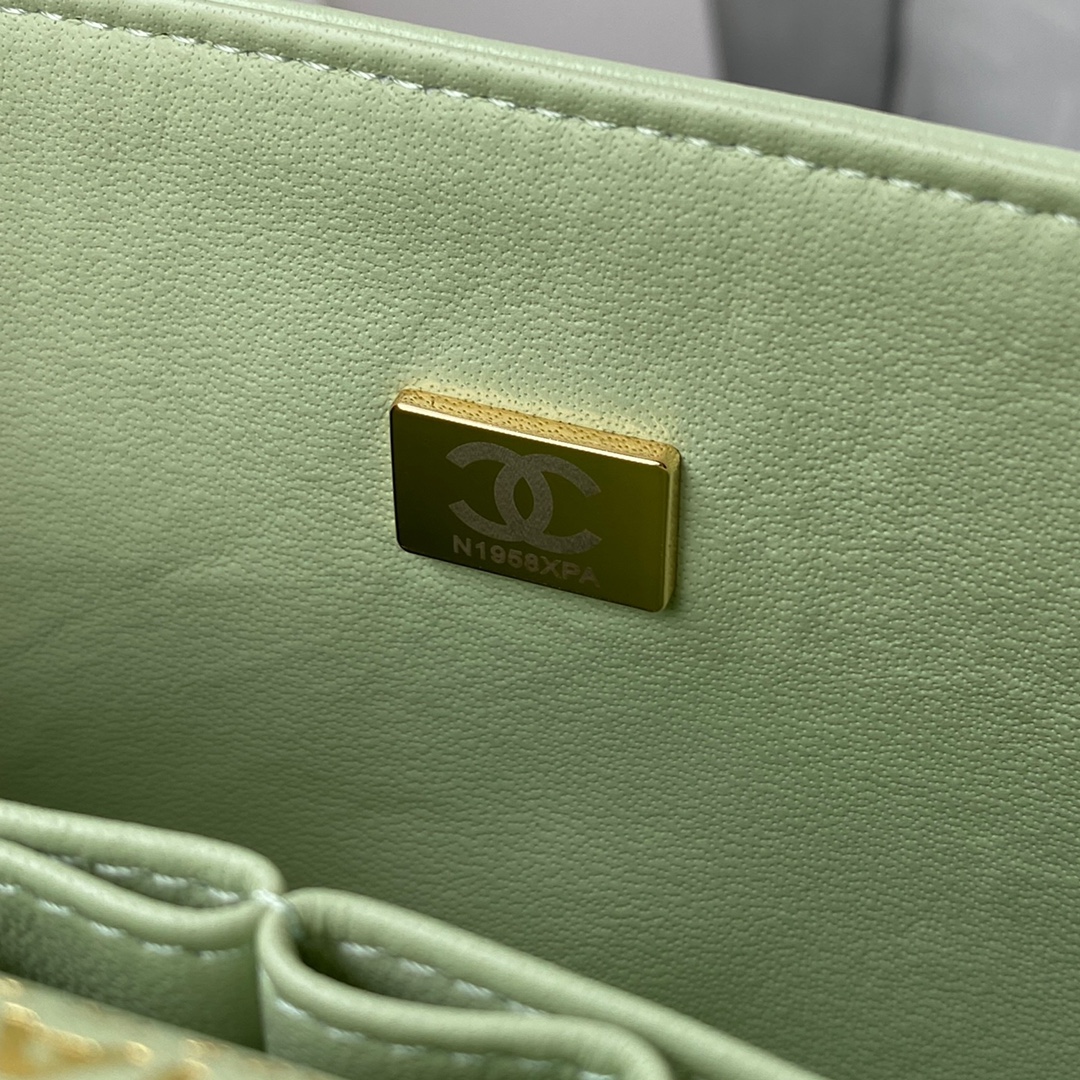 Bagsaaa Ch**el Flap Bag Light Green Lambskin & Gold Hardware - 23cm