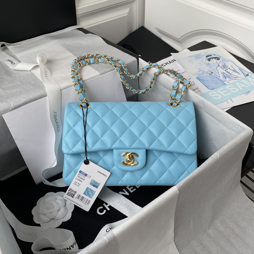 Bagsaaa Ch**el Flap Bag Blue Lambskin & Gold Hardware - 23cm