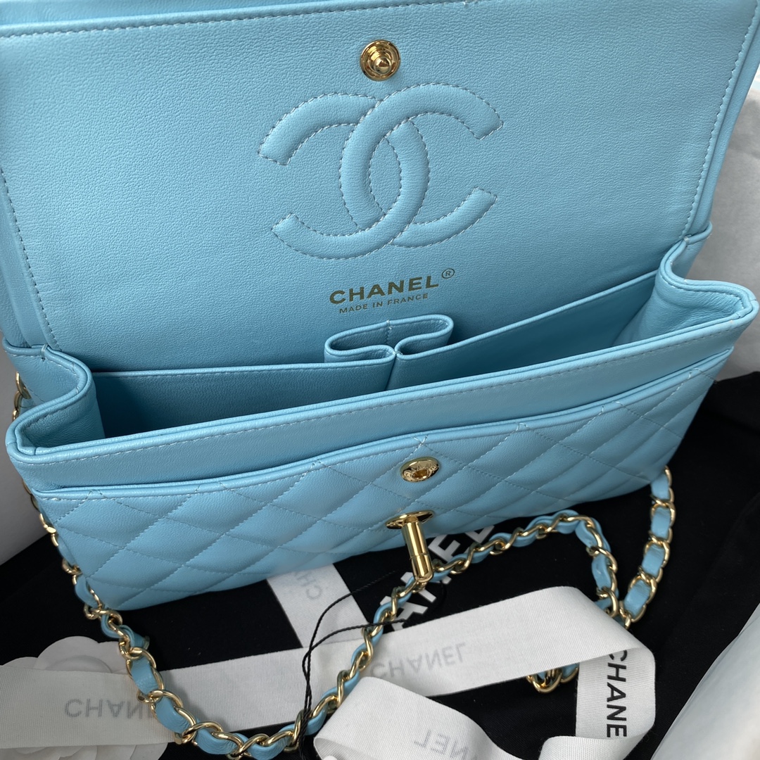 Bagsaaa Ch**el Flap Bag Blue Lambskin & Gold Hardware - 23cm