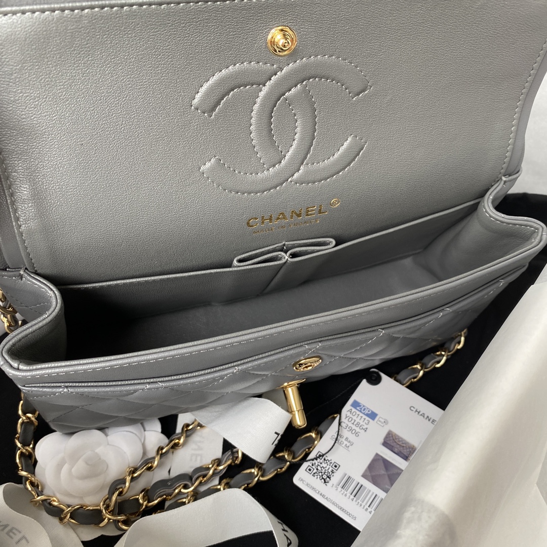 Bagsaaa Ch**el Flap Bag Gray Lambskin & Gold Hardware - 23cm