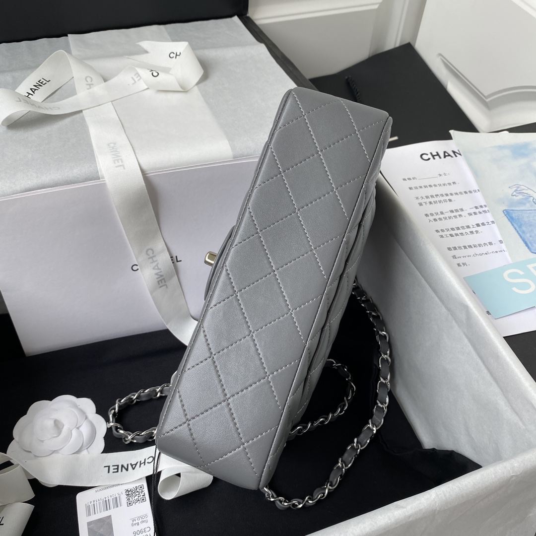 Bagsaaa Ch**el Flap Bag Gray Lambskin & Silver Hardware - 23cm