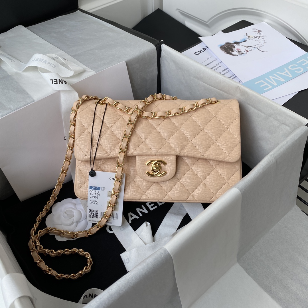 Bagsaaa Ch**el Flap Bag Beige Caviar & Gold Hardware - 23cm