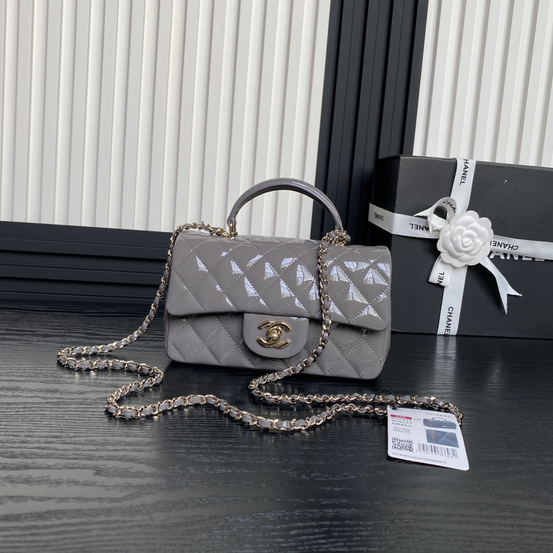 Bagsaaa Ch**el Mini Classic Handbag With Top Handle AS2431 GrayGray Patent - 12 × 20 × 6 cm