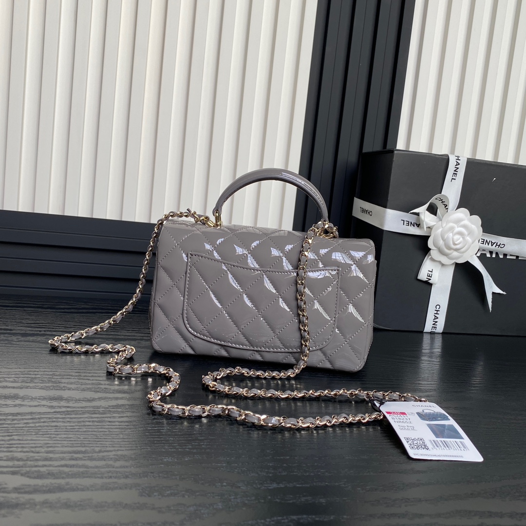 Bagsaaa Ch**el Mini Classic Handbag With Top Handle AS2431 GrayGray Patent - 12 × 20 × 6 cm