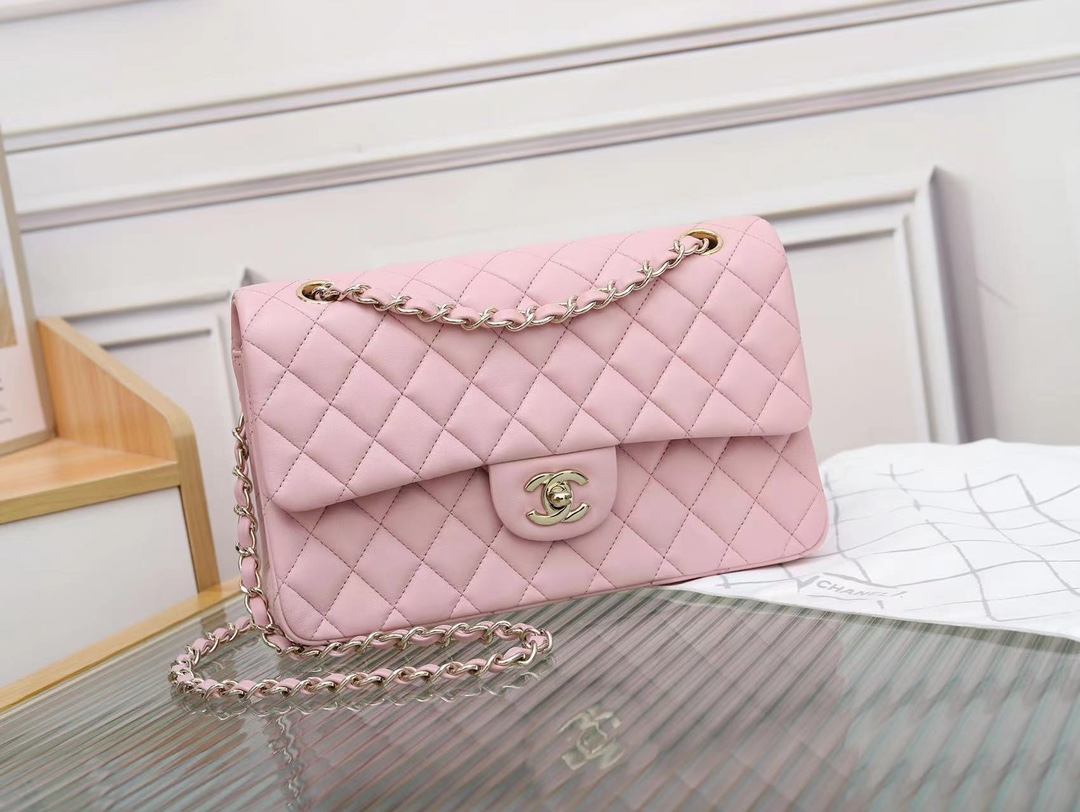 Bagsaaa Ch**el Classic 11.12 Handbag Lambskin & Gold-Tone Metal Light PinkA01112 -15.5 x 25.5 x 6.5cm
