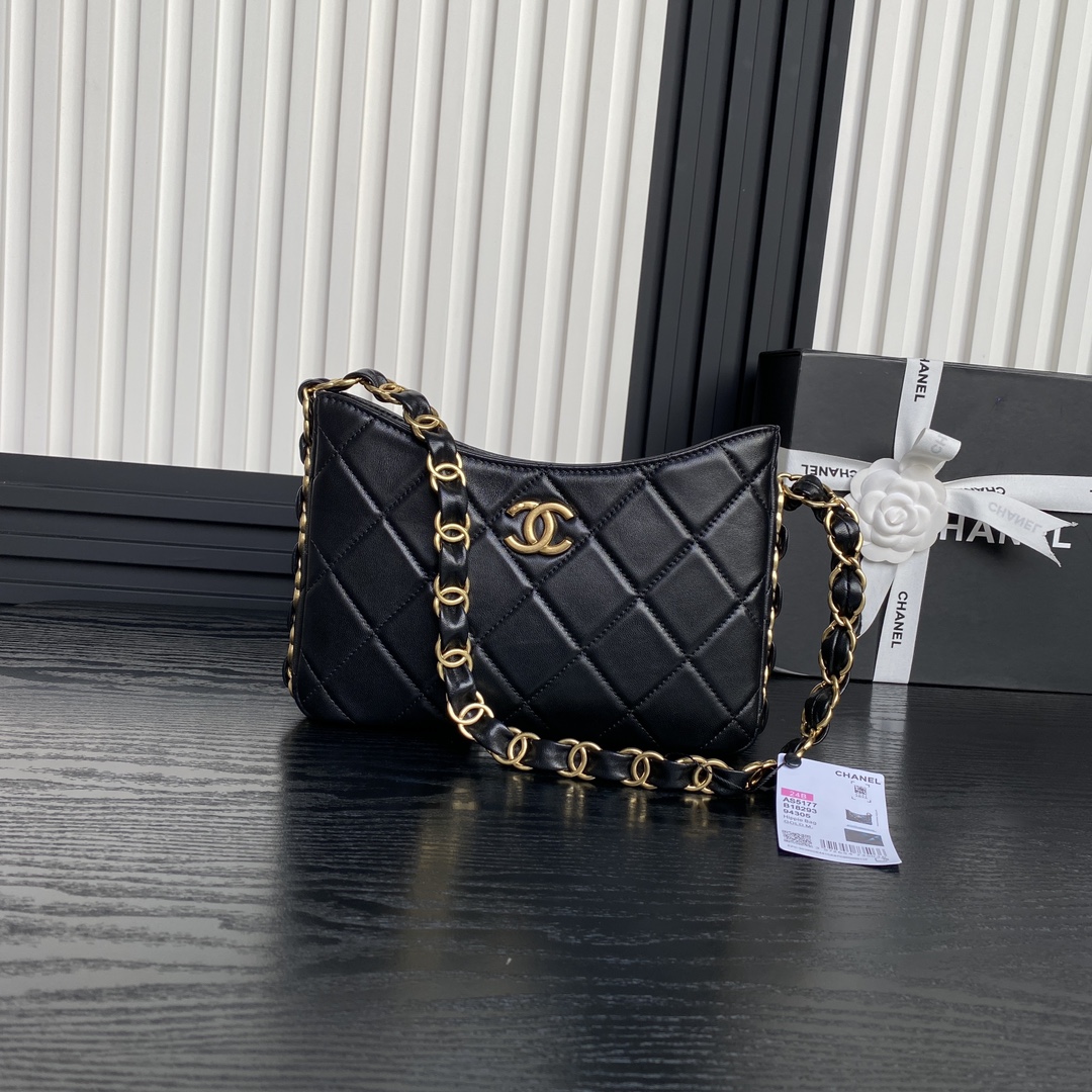Bagsaaa Ch**el Hobo Handbag AS5177 Black Lambskin -17 x 24 x 5cm