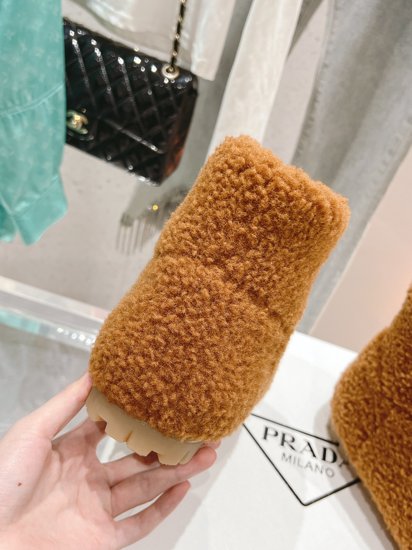 Bagsaaa Pra*a Shearling Booties Caramel