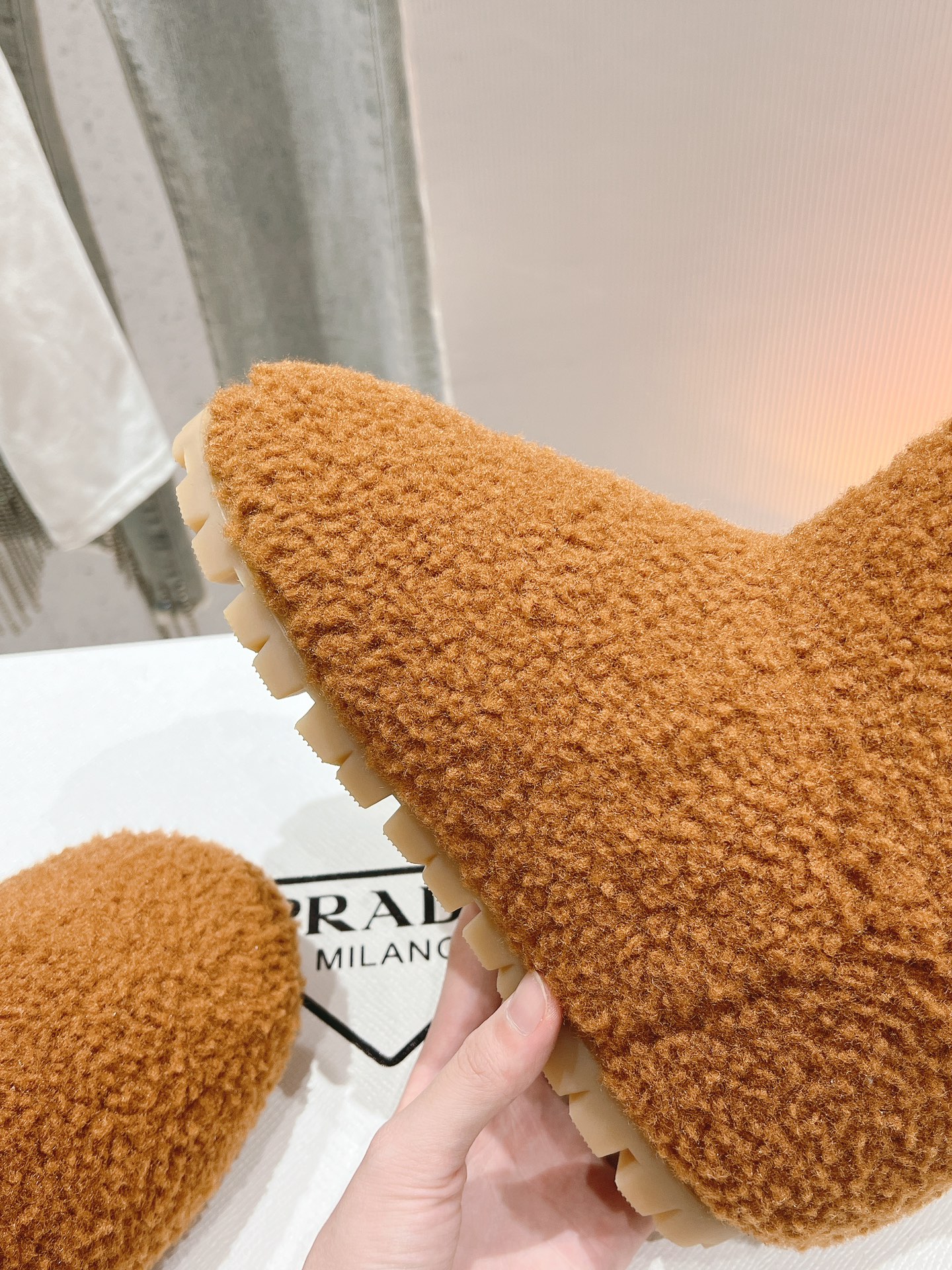Bagsaaa Pra*a Shearling Booties Caramel