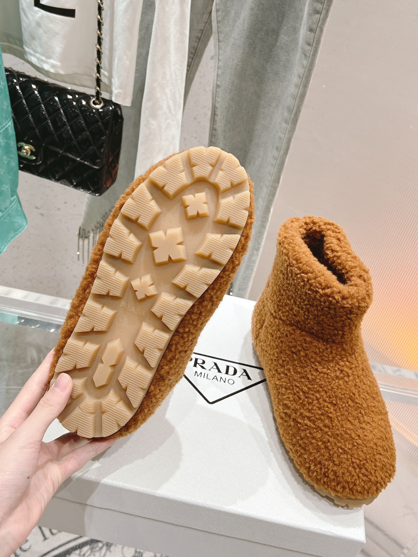 Bagsaaa Pra*a Shearling Booties Caramel