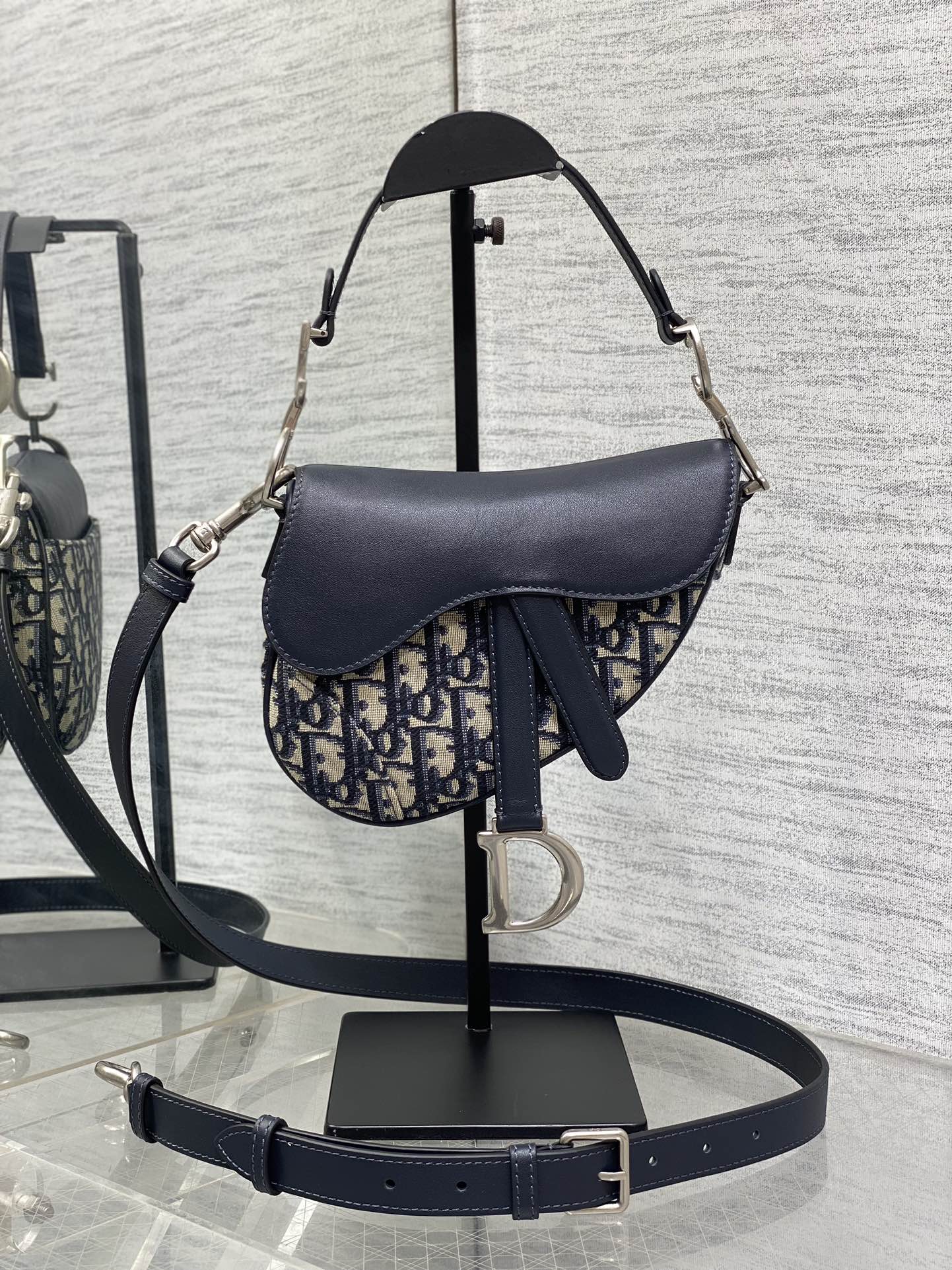 Bagsaaa D10r Mini Saddle Bag with Strap Blue D10r Oblique Jacquard and Smooth Calfskin - 19 x 15 x 6 cm