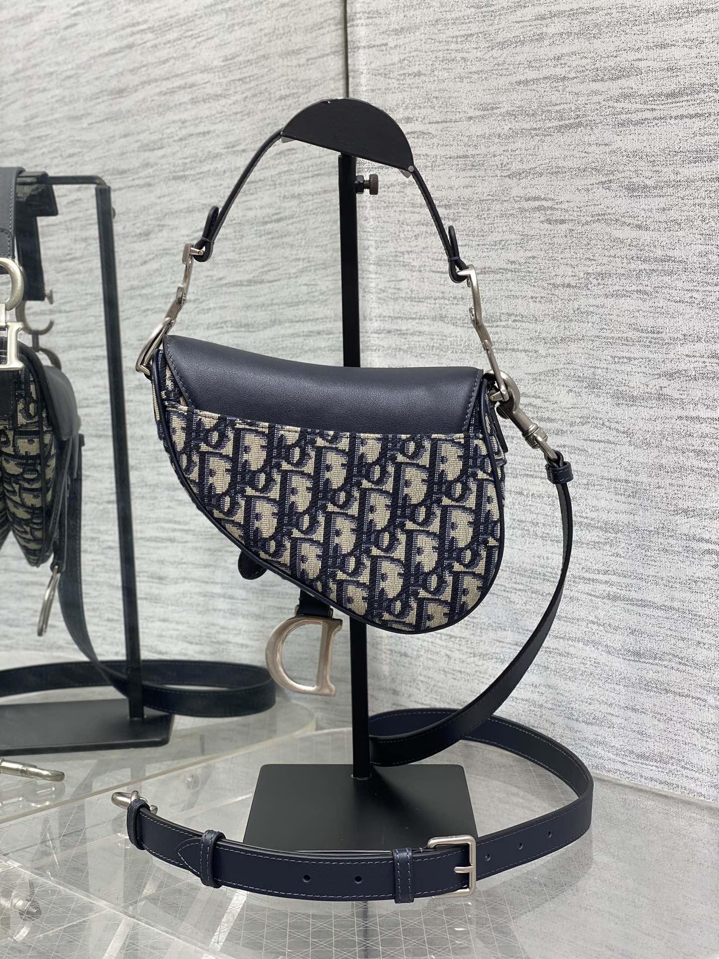 Bagsaaa D10r Mini Saddle Bag with Strap Blue D10r Oblique Jacquard and Smooth Calfskin - 19 x 15 x 6 cm