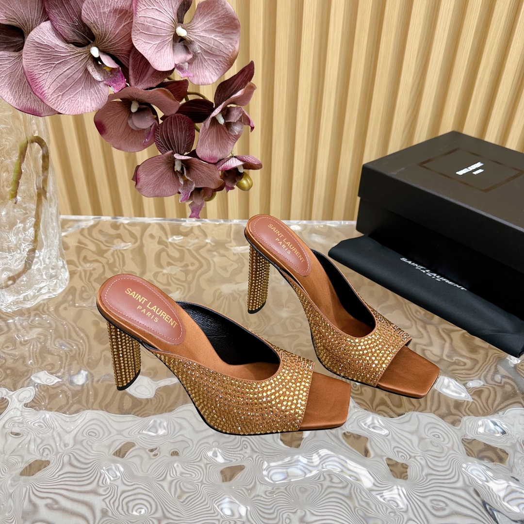 Bagsaaa Y51 Sept Mules In Satin Crepe And Rhinestones Brown 11 CM