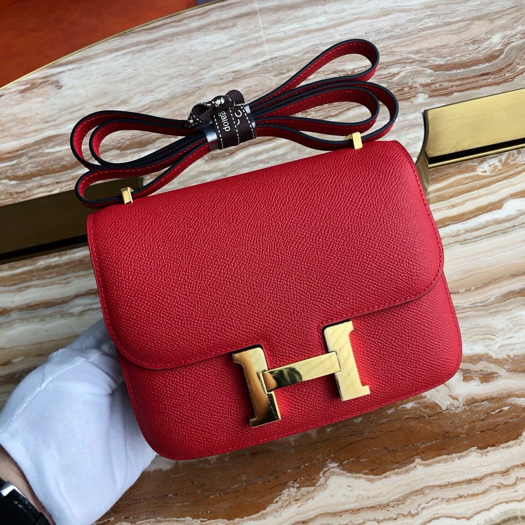 Bagsaaa H**me5 Constance Bag In Red & Gold Hardware - 19cm