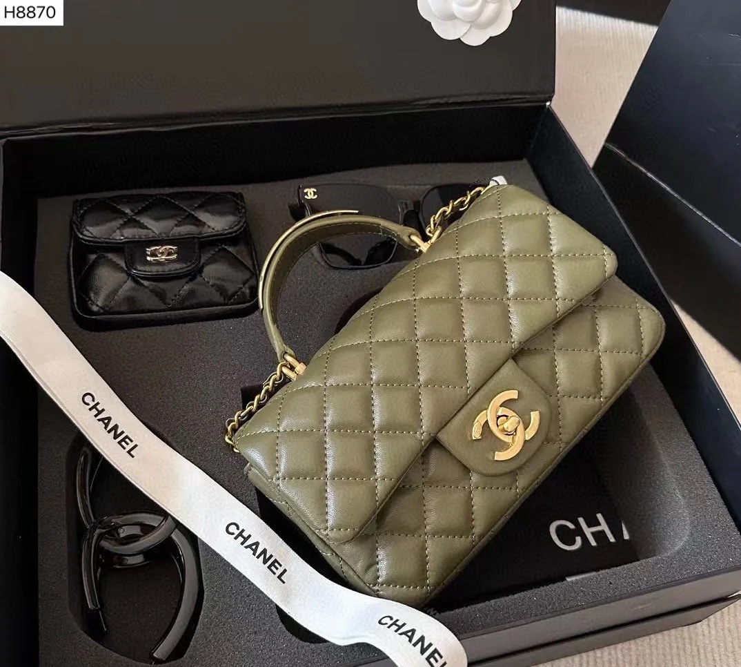 Bagsaaa Ch**el Mini Flap Bag with Top Handle gold-tone metal olive green - 21cm