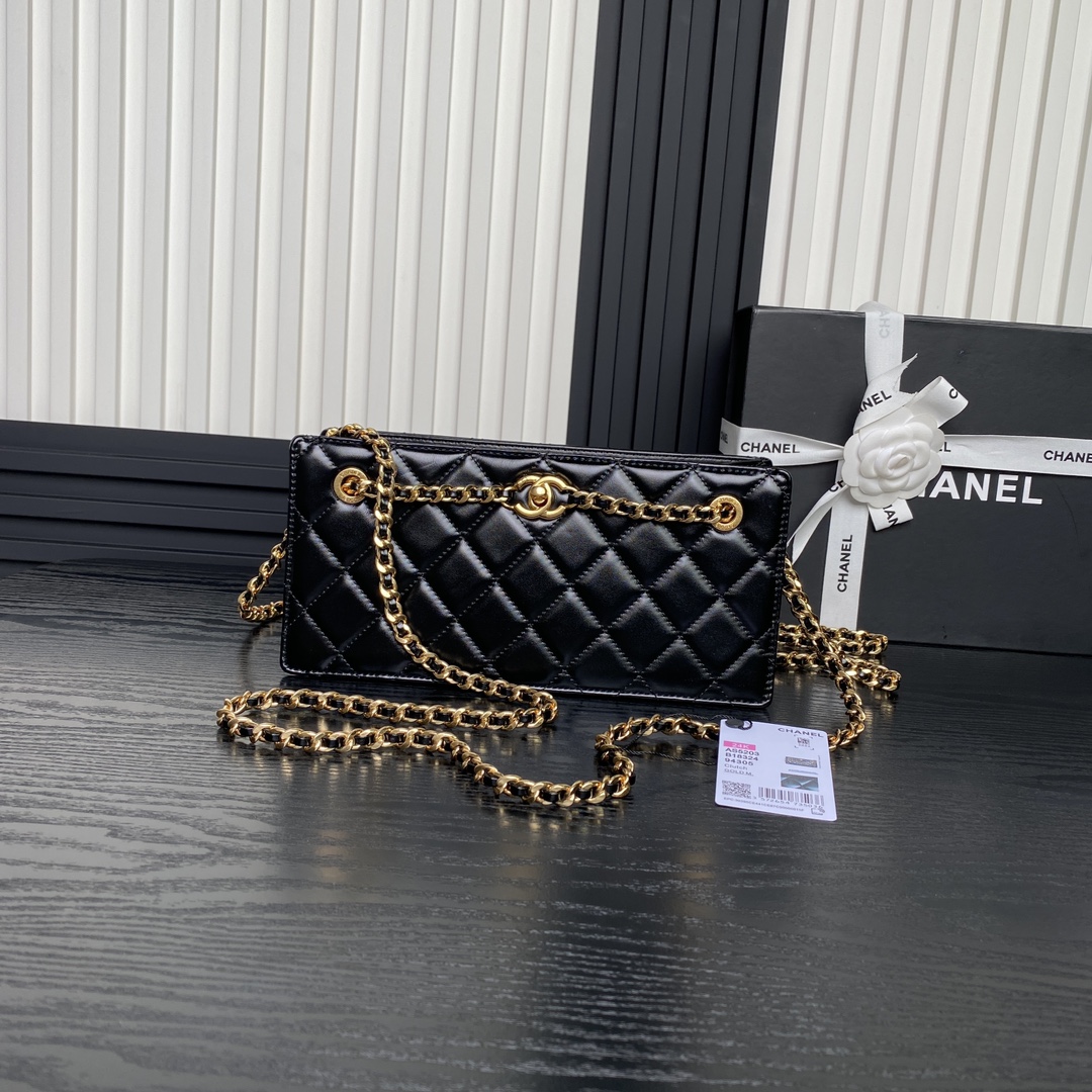 Bagsaaa Ch**el Clutch Black Lambskin AS5203 -13 x 27 x 7cm