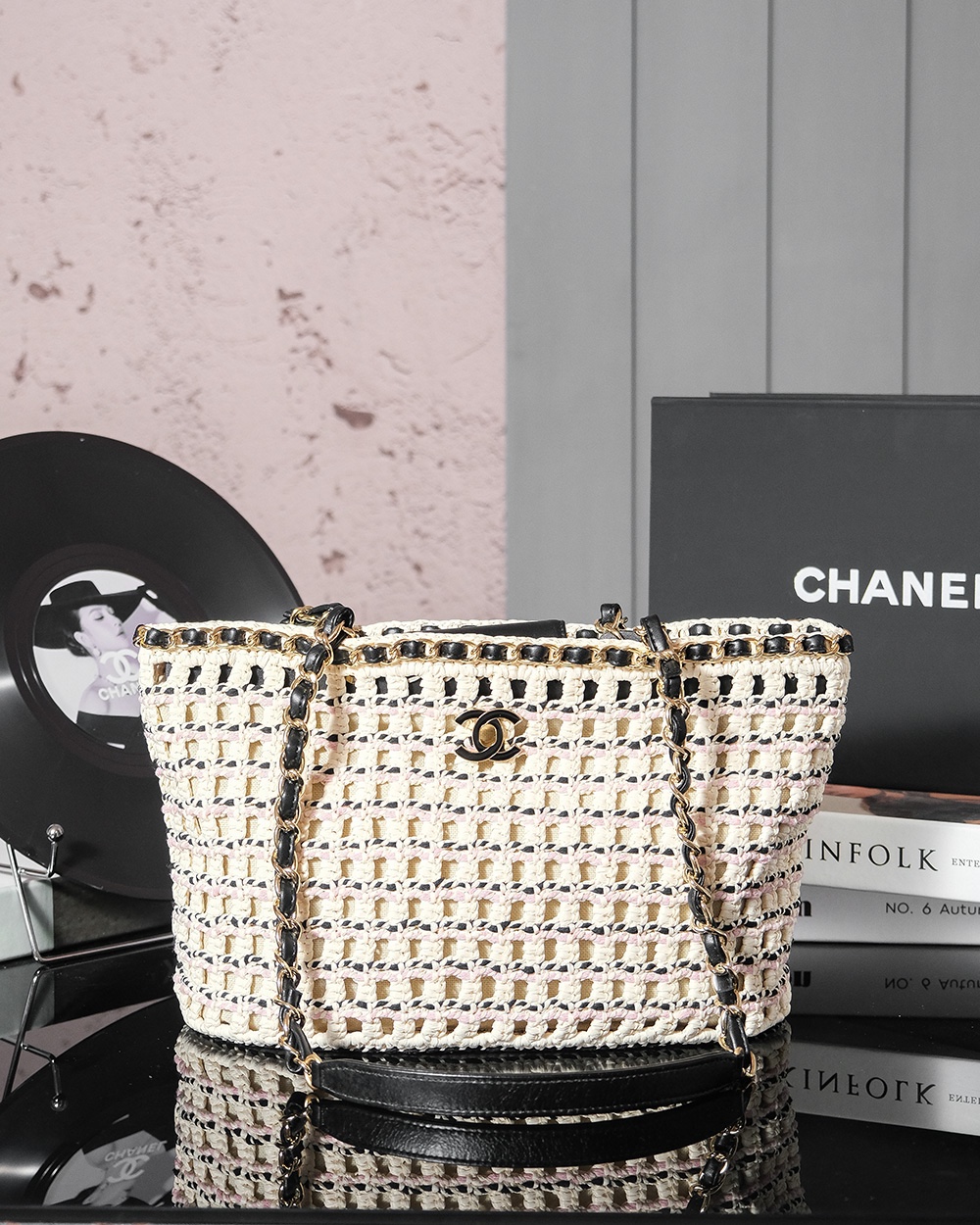 Bagsaaa Ch**el Small Tote Beige & Black Cotton Crochet AS5235 -21 x 33 x 11cm