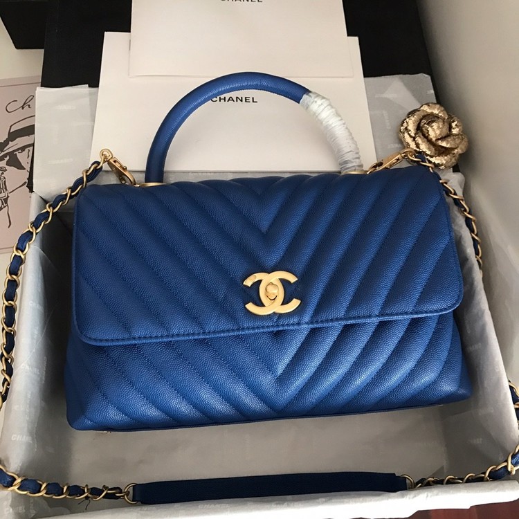 Bagsaaa Ch**el Coco Handle Bag Blue Cavier & Gold Hardware - 29cm