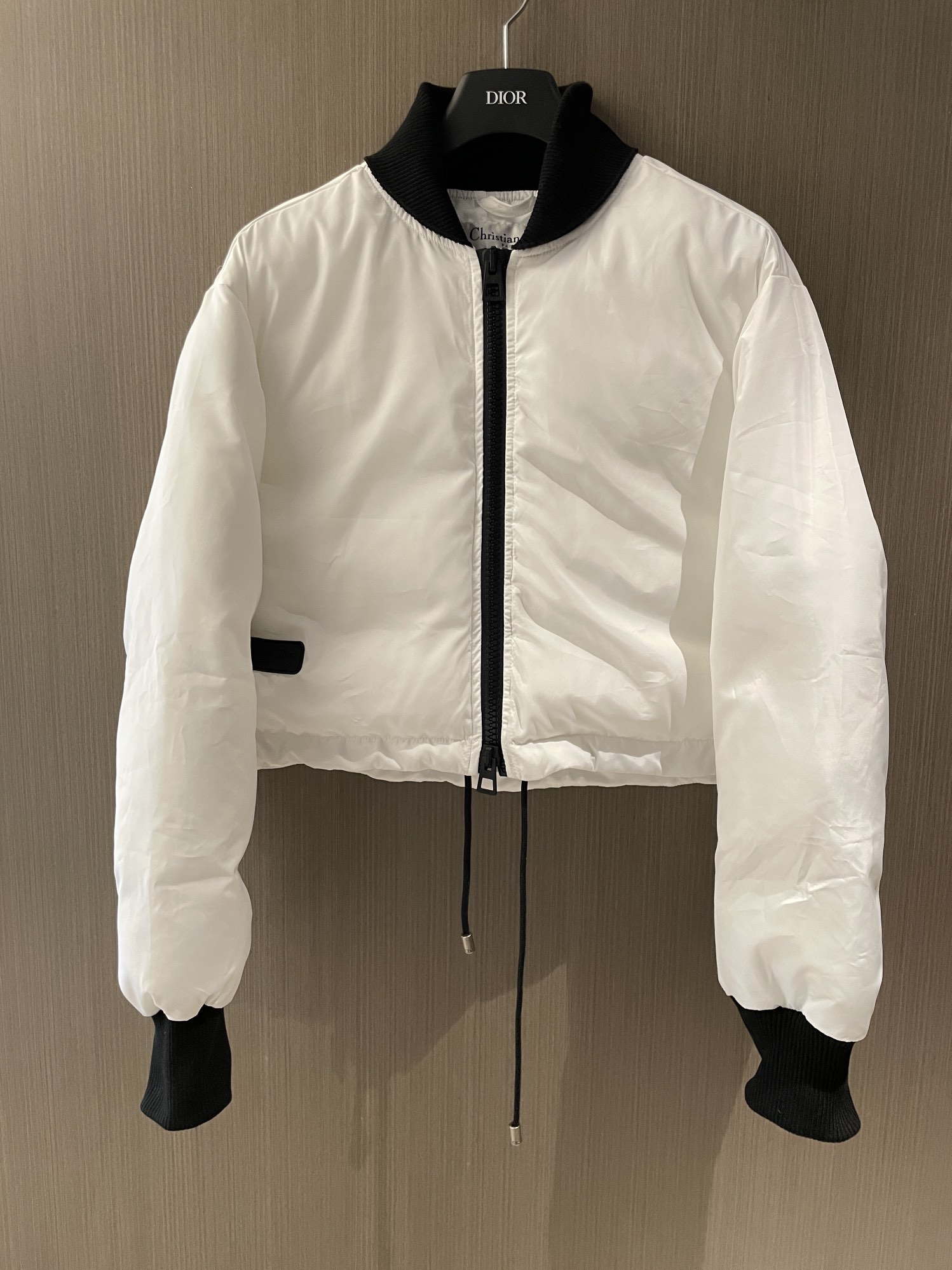 Bagsaaa D10rAlps Cropped Bomber Jacket White Padded Technical Taffeta with Black Miss D10r Graffiti Motif