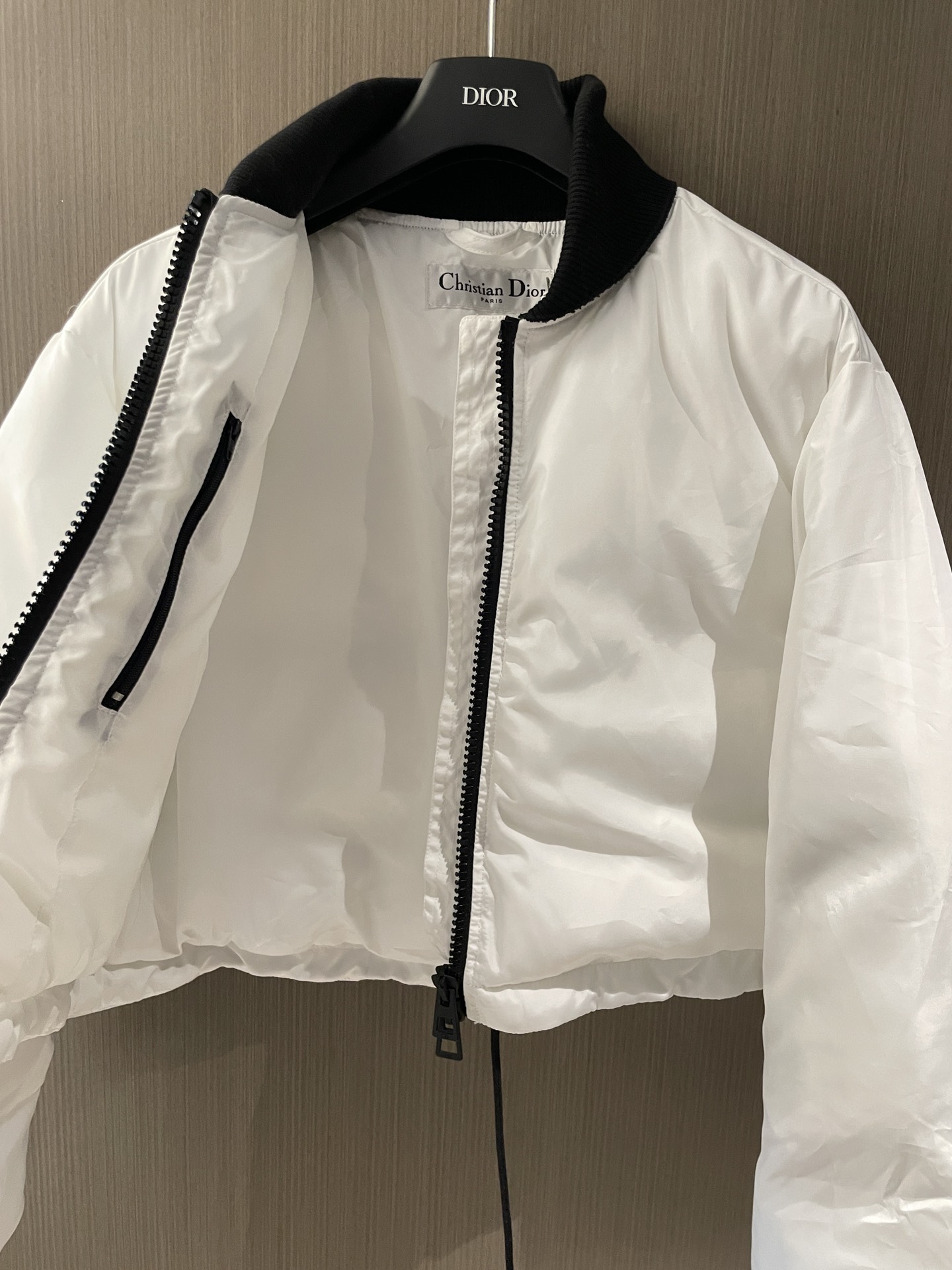 Bagsaaa D10rAlps Cropped Bomber Jacket White Padded Technical Taffeta with Black Miss D10r Graffiti Motif