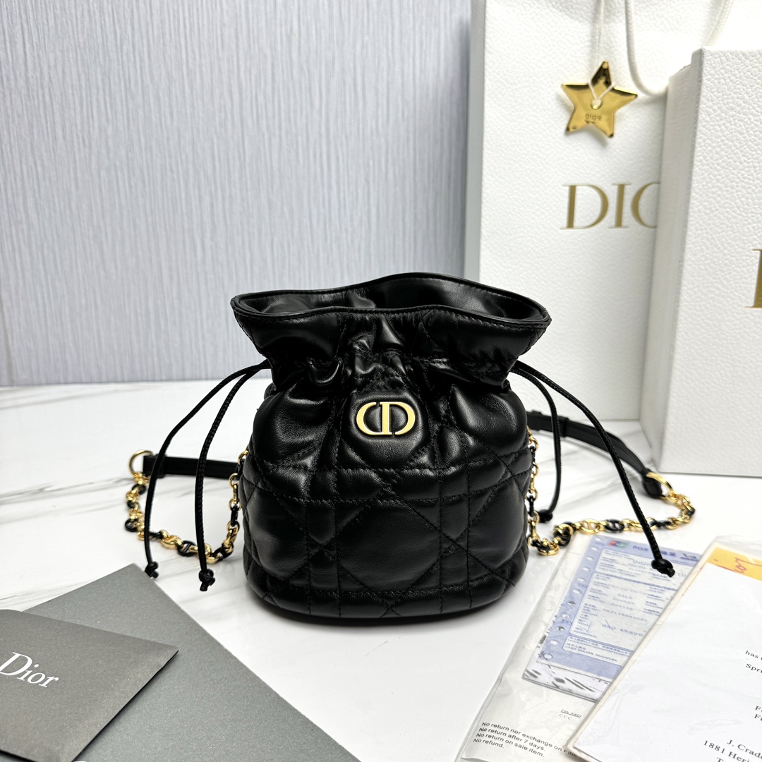 Bagsaaa D10r Miss Caro Mini Bucket Bag with Drawstring Black Macrocannage Lambskin - 16 x 18.5 x 13 cm