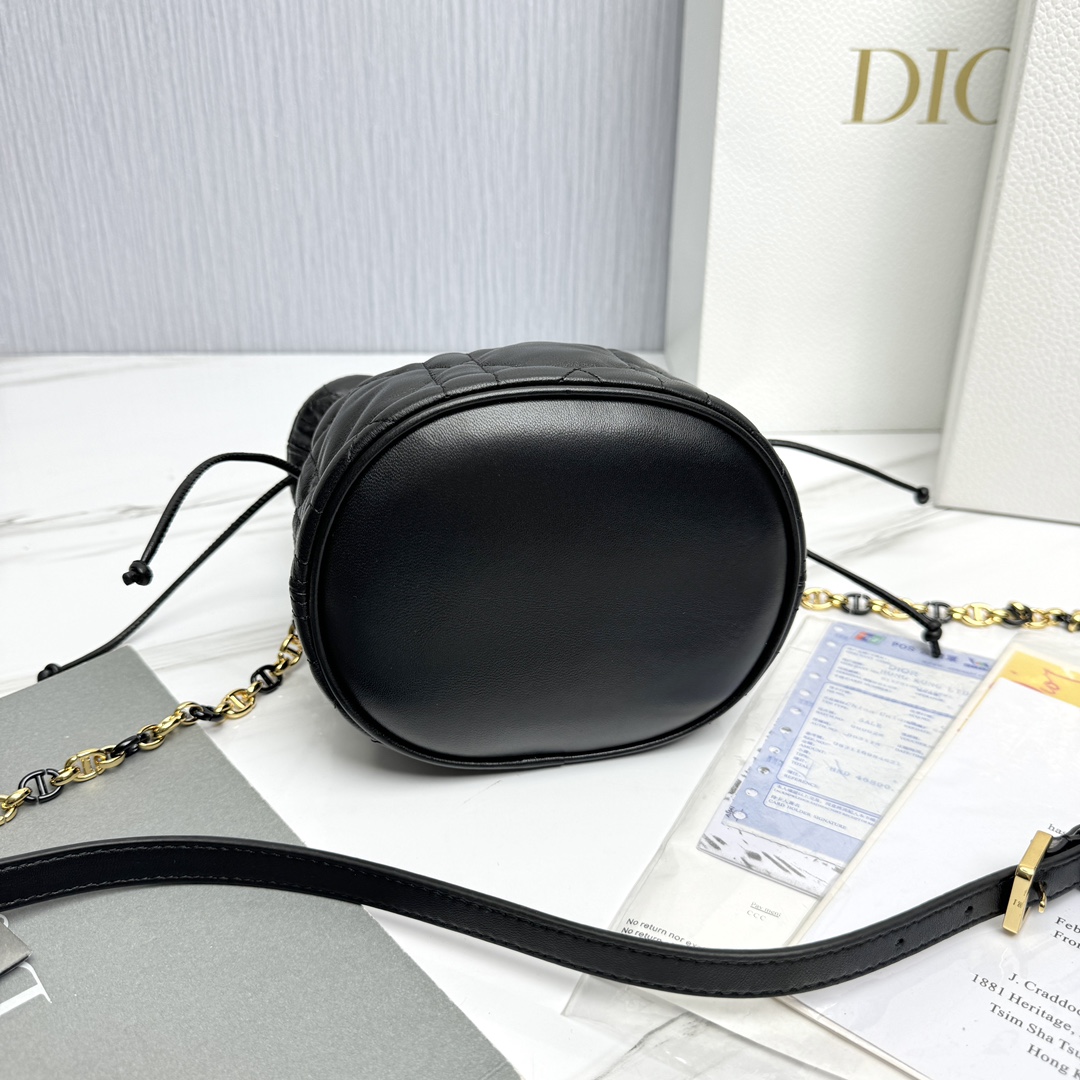 Bagsaaa D10r Miss Caro Mini Bucket Bag with Drawstring Black Macrocannage Lambskin - 16 x 18.5 x 13 cm