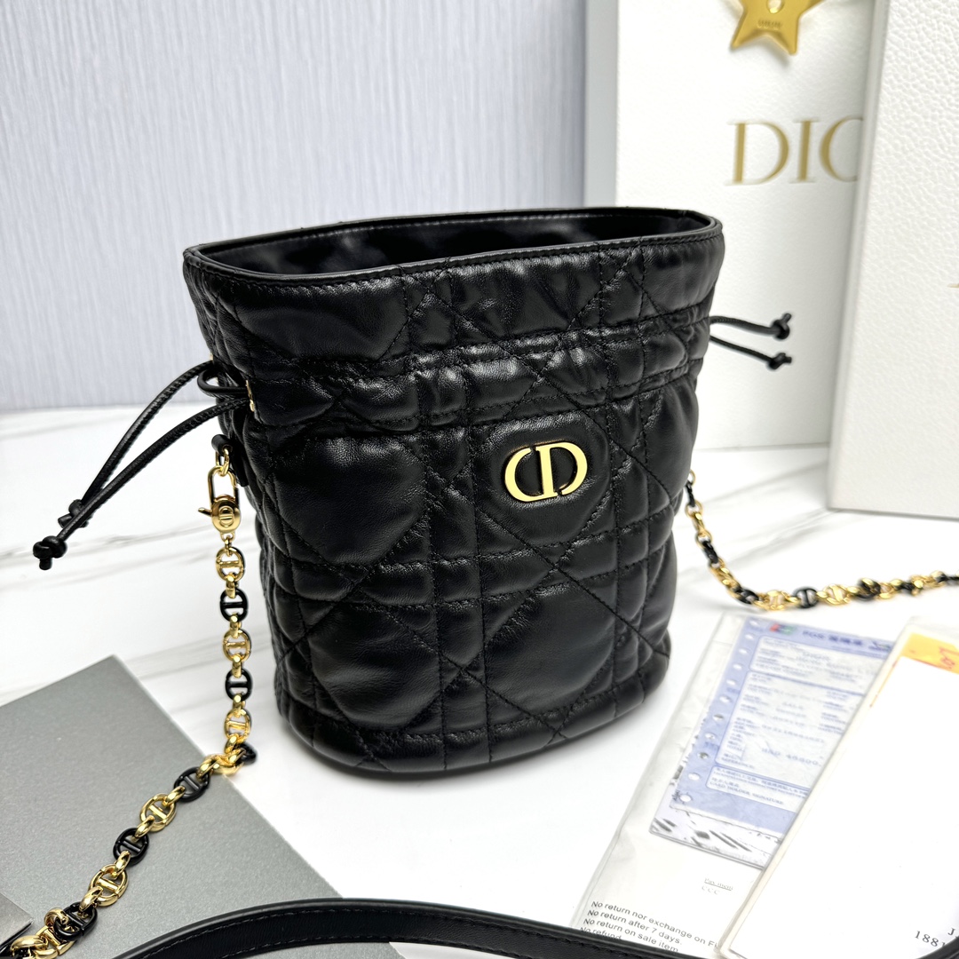 Bagsaaa D10r Miss Caro Mini Bucket Bag with Drawstring Black Macrocannage Lambskin - 16 x 18.5 x 13 cm