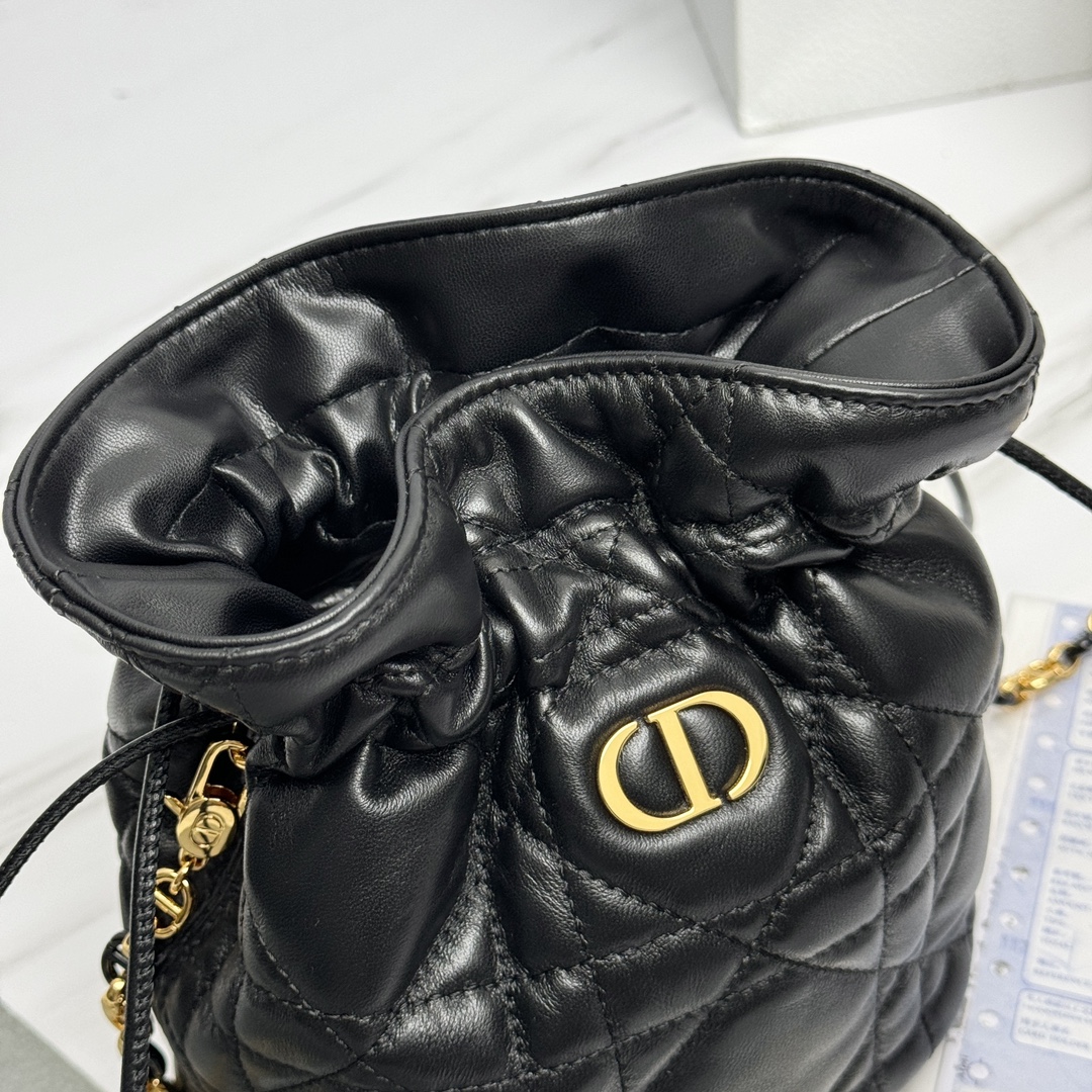 Bagsaaa D10r Miss Caro Mini Bucket Bag with Drawstring Black Macrocannage Lambskin - 16 x 18.5 x 13 cm